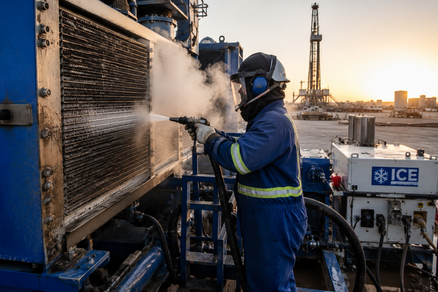 Frac pump radiator cleaning with dry ice blasting in the Permian Basin West Texas oilfield