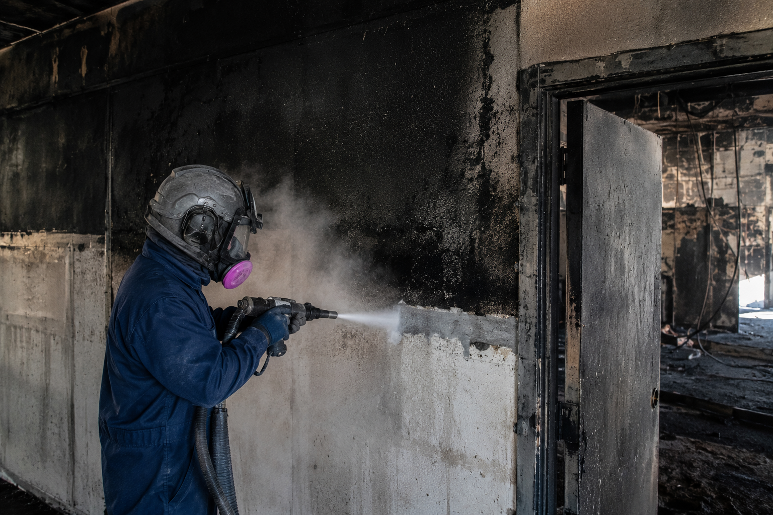 Dry ice blasting removing fire char, soot, and smoke residue from industrial facility structural beams
