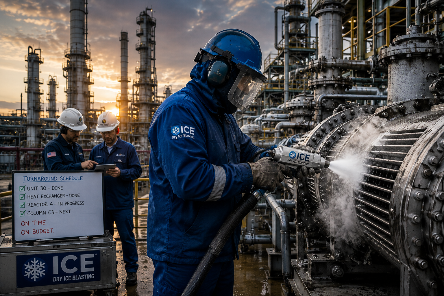 Texas Gulf Coast oil refinery during scheduled turnaround maintenance with dry ice blasting crew