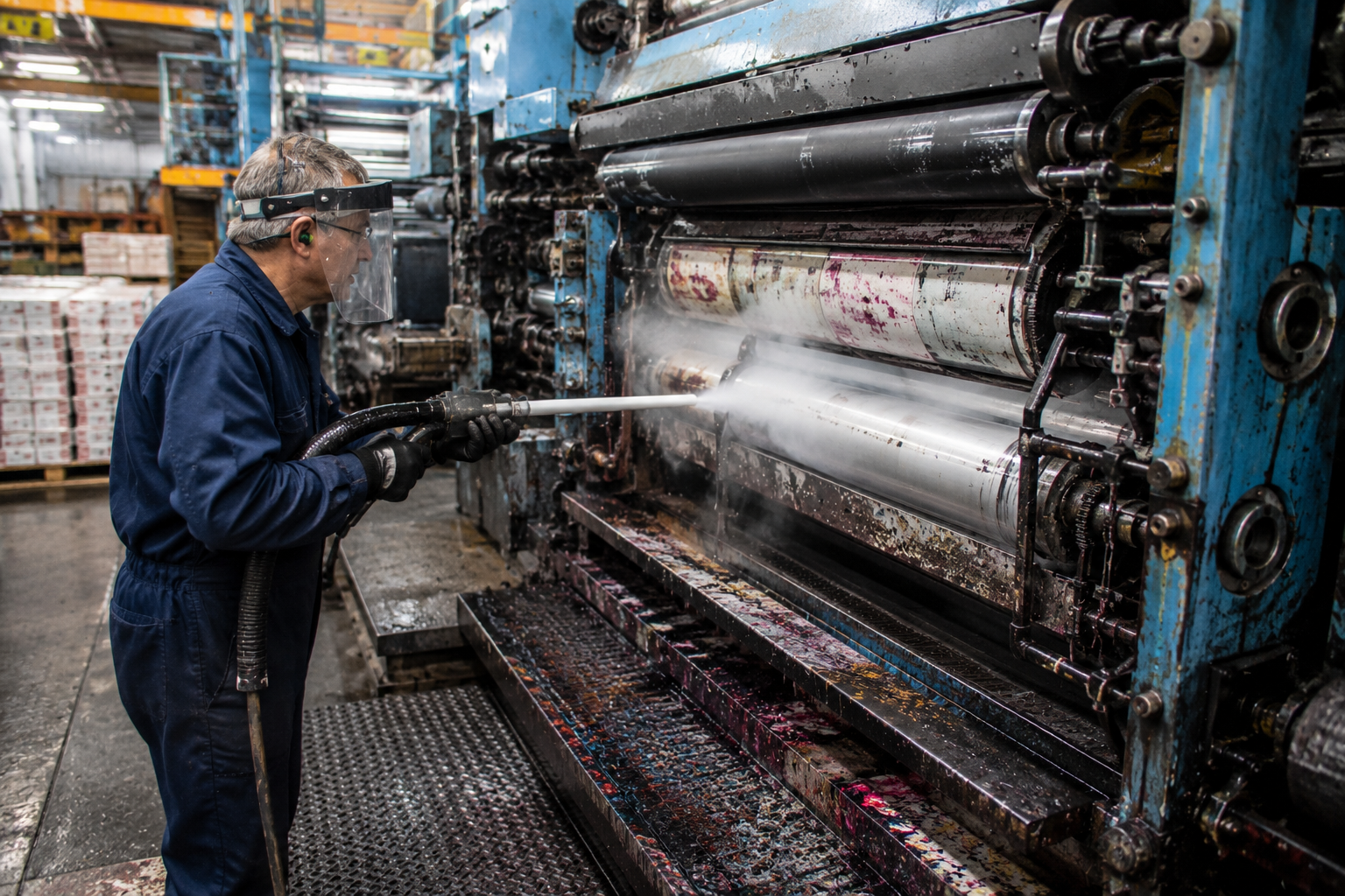 Dry ice blasting cleaning cured ink and adhesive deposits from industrial flexographic printing press rollers