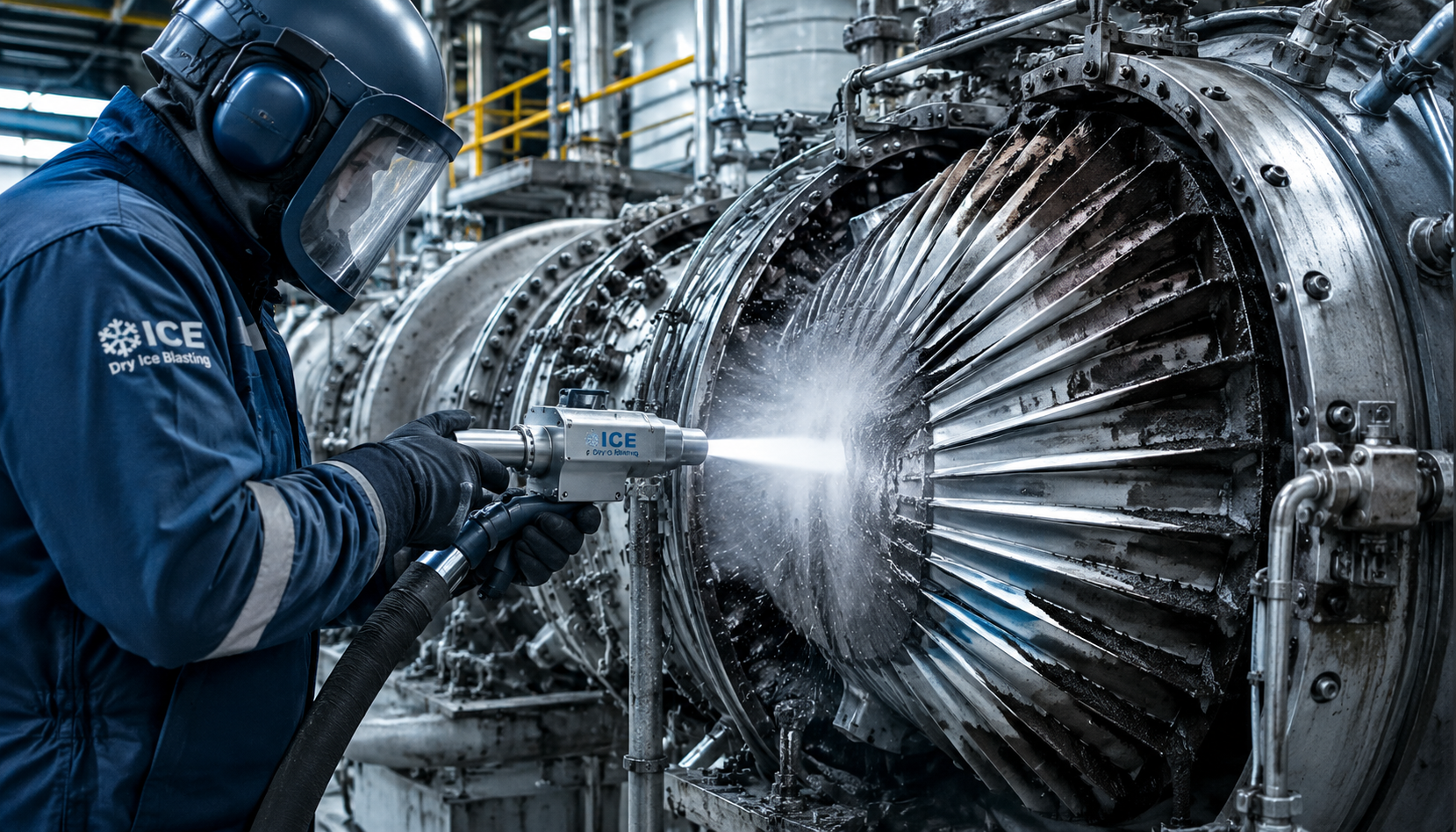 Gas turbine compressor cleaning with dry ice blasting at a combined-cycle power generation facility