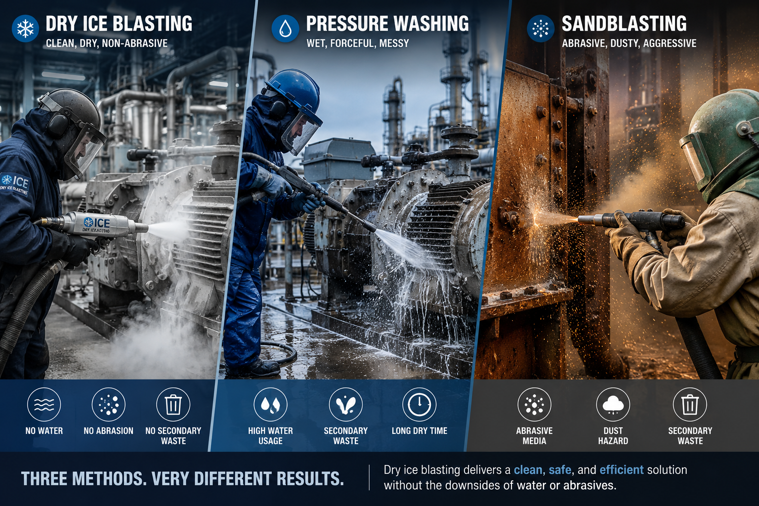 Side-by-side comparison of dry ice blasting, pressure washing, and sandblasting on industrial surfaces