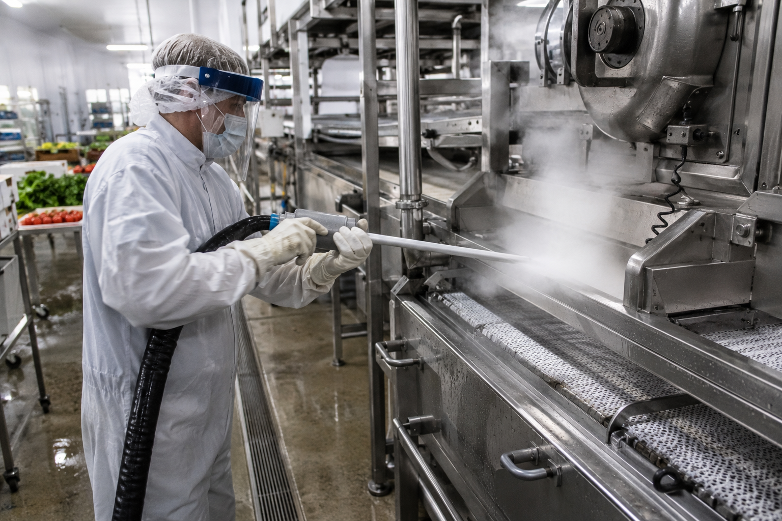 FDA-compliant dry ice blasting sanitation of food processing and manufacturing equipment