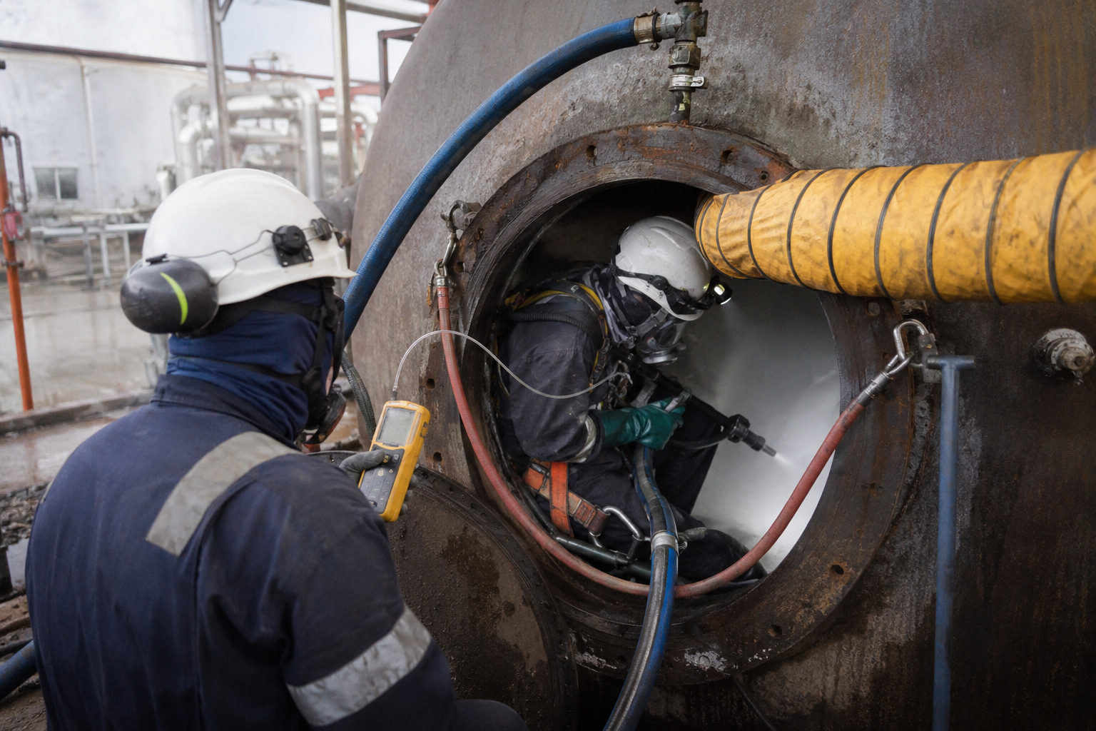 Industrial worker in full PPE performing confined space dry ice blasting with proper ventilation and gas monitoring equipment