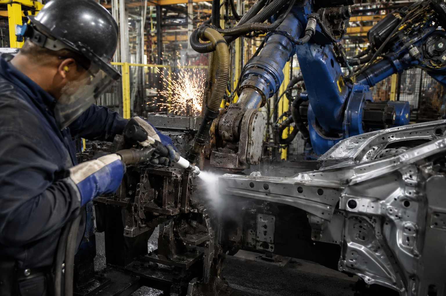Automotive robotic weld cell being cleaned with dry ice blasting to remove weld spatter and contaminants