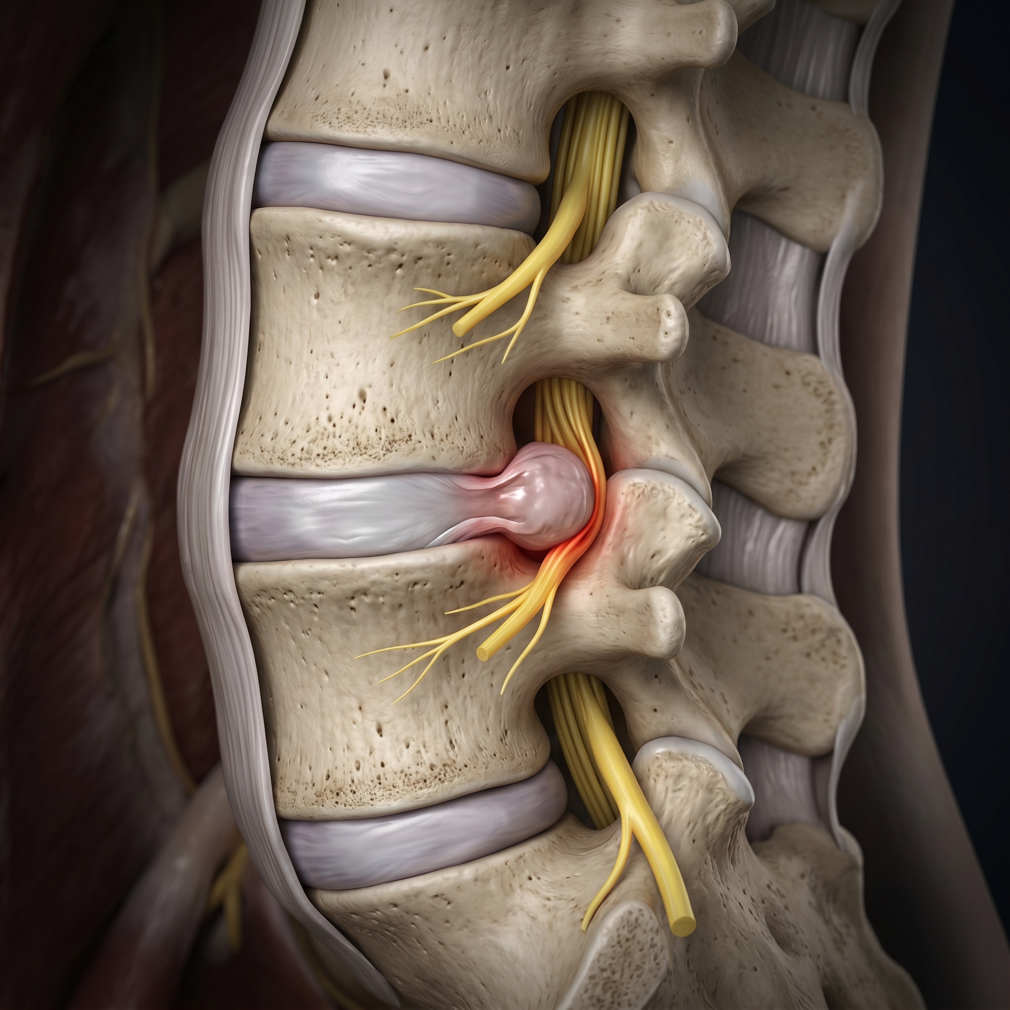 Anatomy of the lower spine showing disc and nerve compression