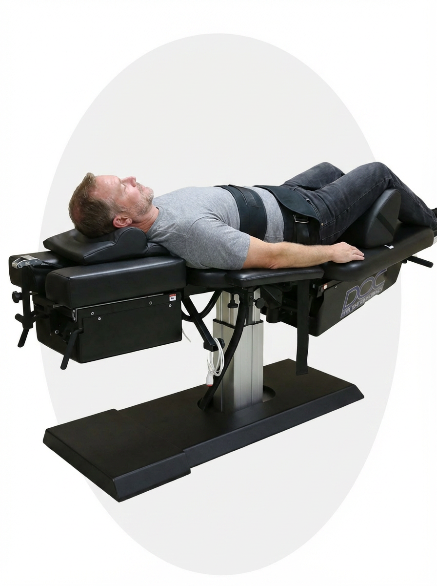 Patient receiving comfortable spinal decompression therapy