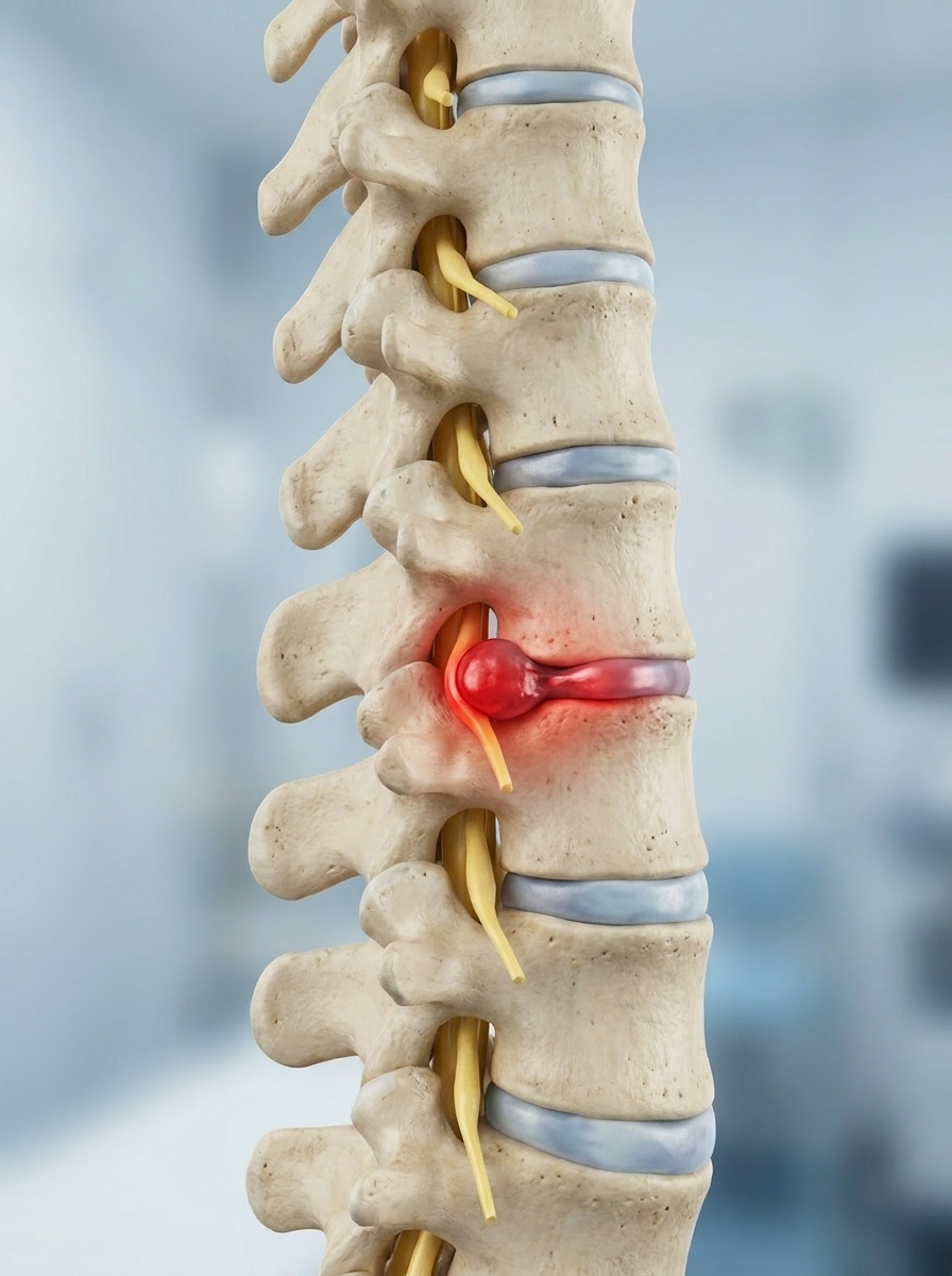 Cross-section of the lumbar spine showing a herniated disc