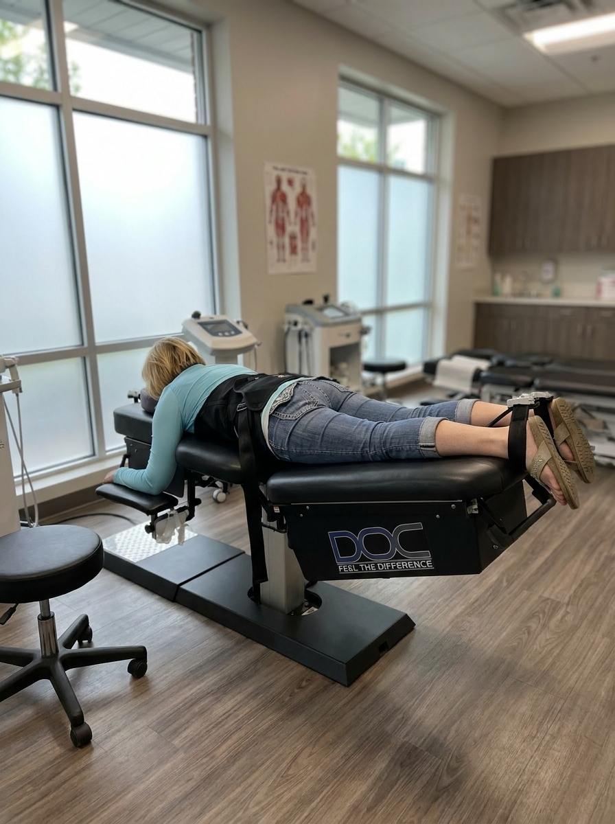 Patient receiving spinal decompression therapy for a herniated disc
