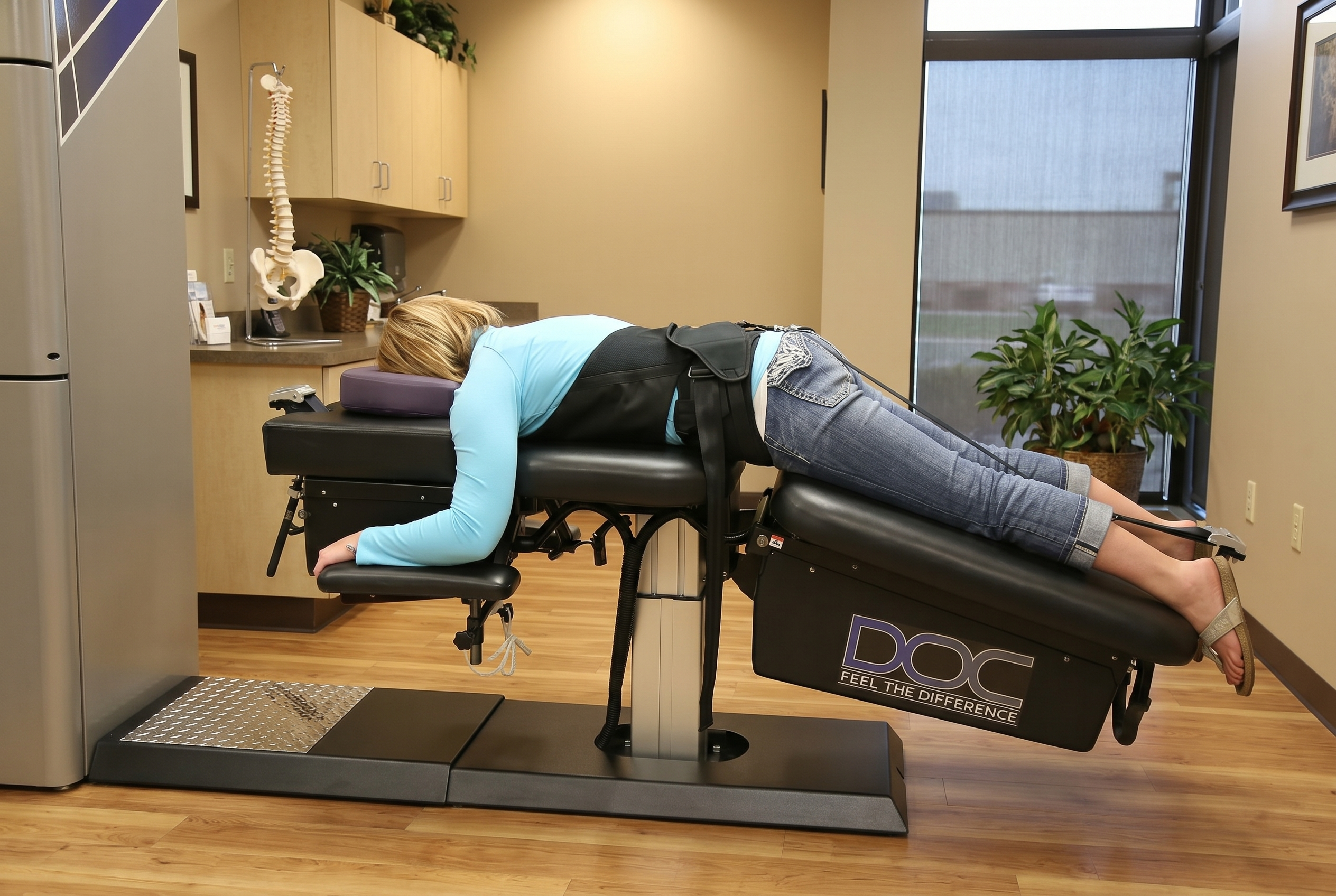 Patient receiving spinal decompression therapy for spinal stenosis
