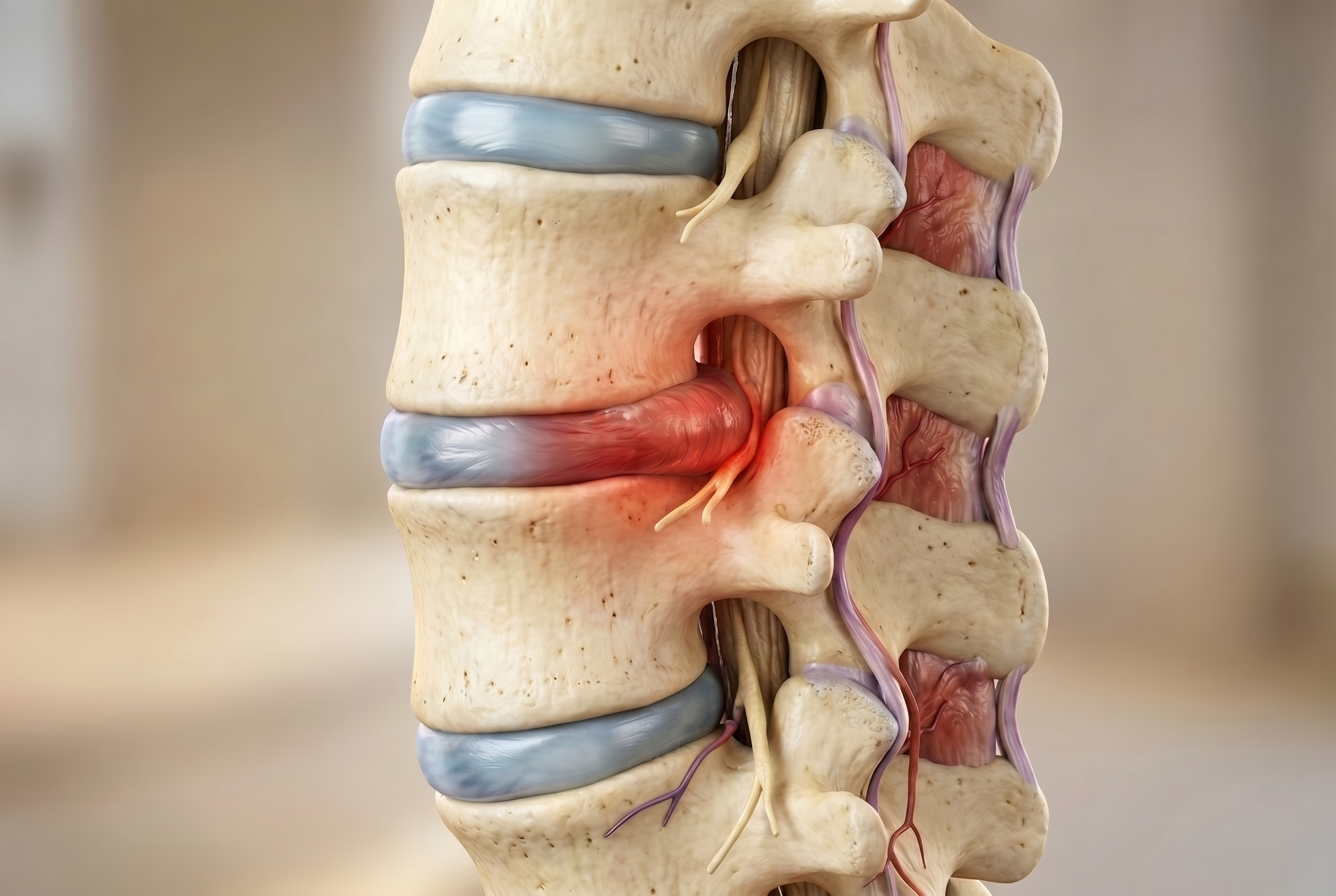 Cross-section of the lumbar spine showing a bulging disc compressing nerve roots