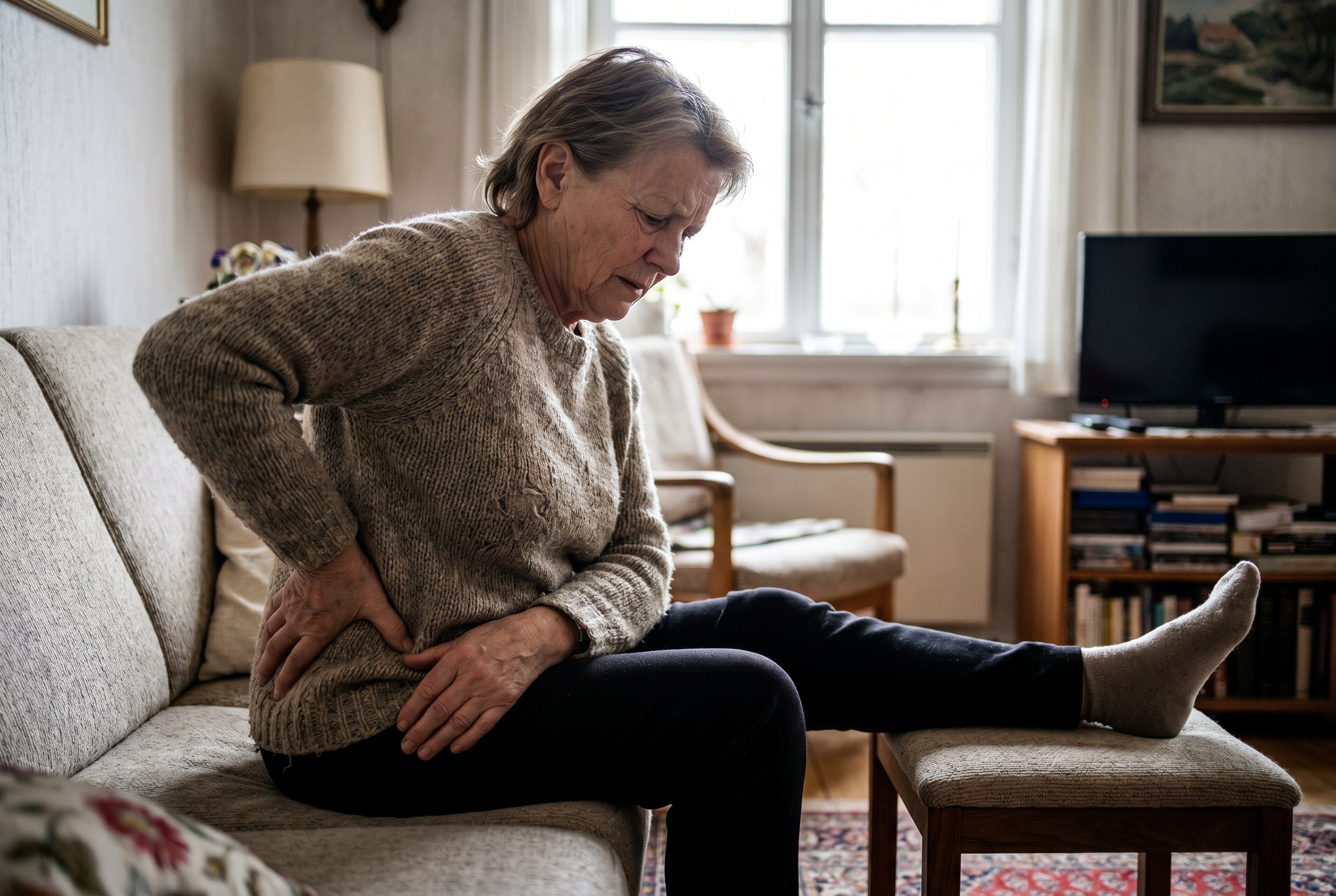 Person experiencing radiating leg pain and lower back pain from a bulging disc
