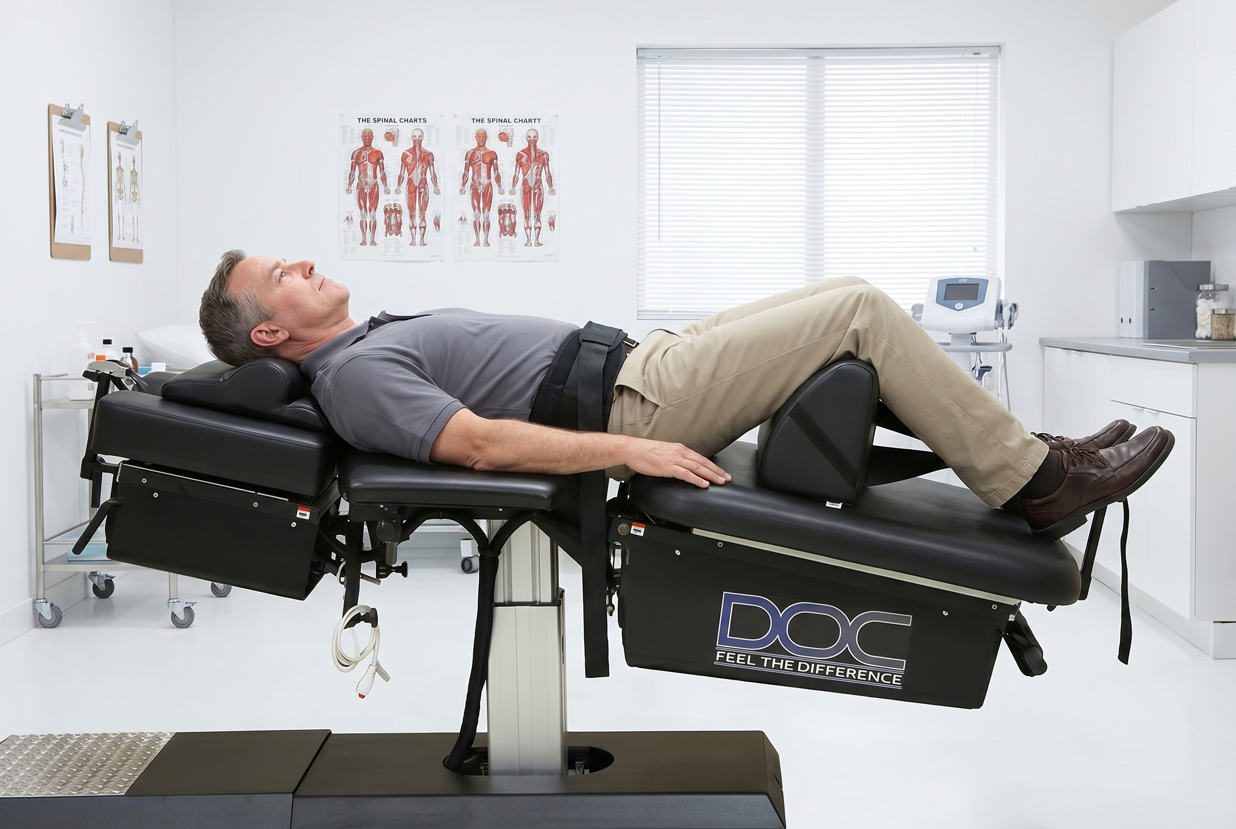 Patient receiving spinal decompression therapy for a bulging disc