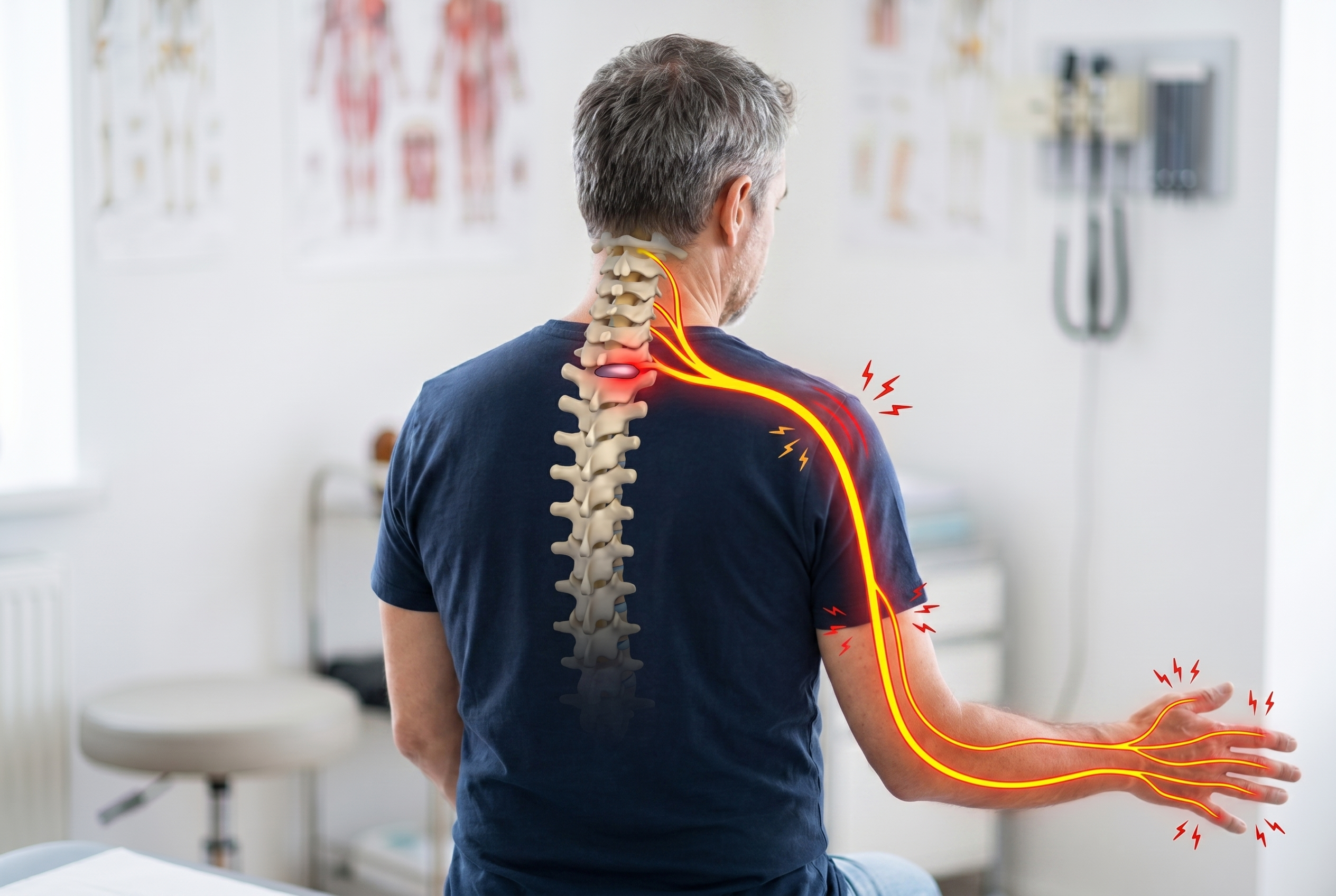 Person experiencing neck and arm pain from a pinched nerve