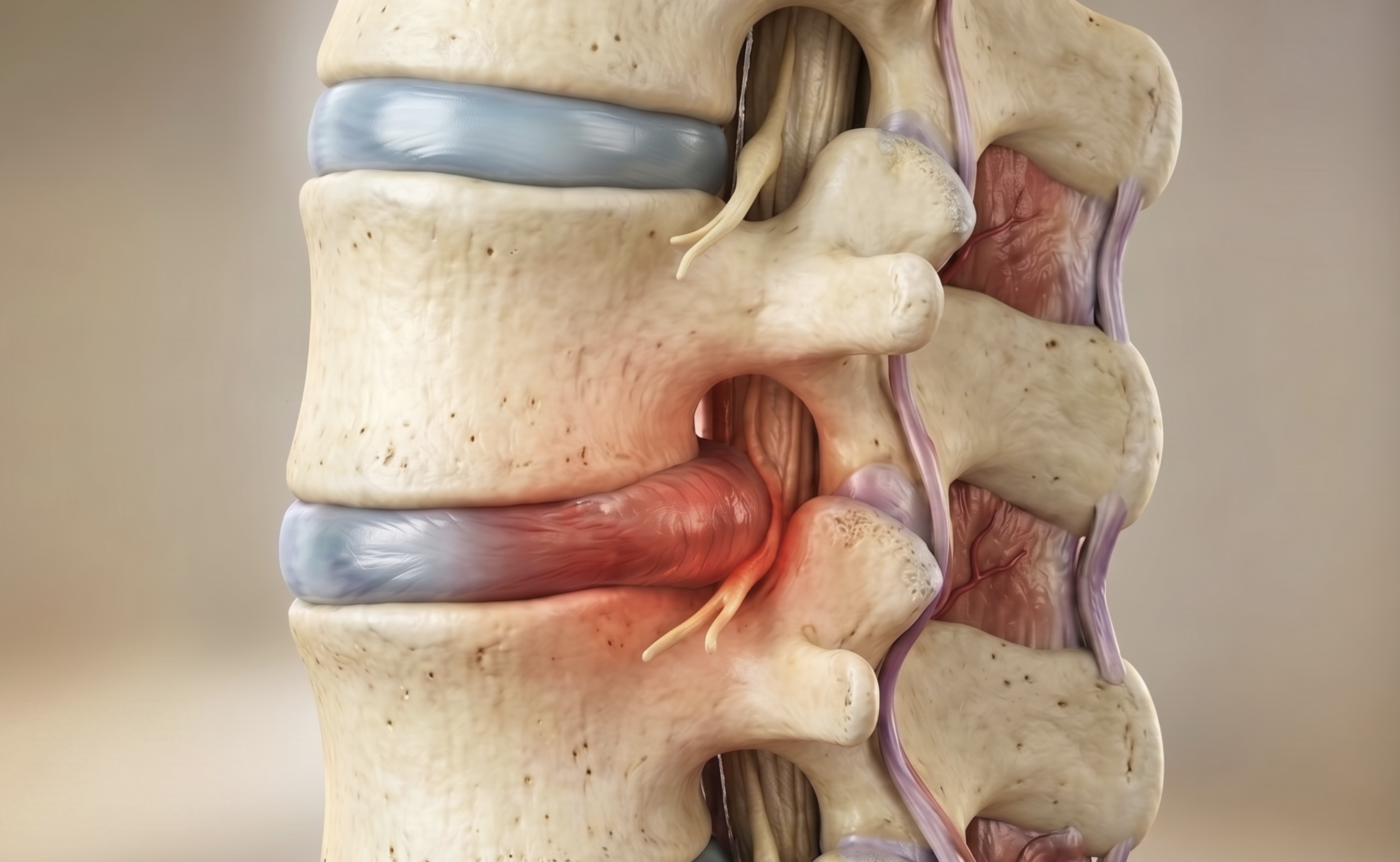 Anatomy of the spine showing common causes of nerve compression