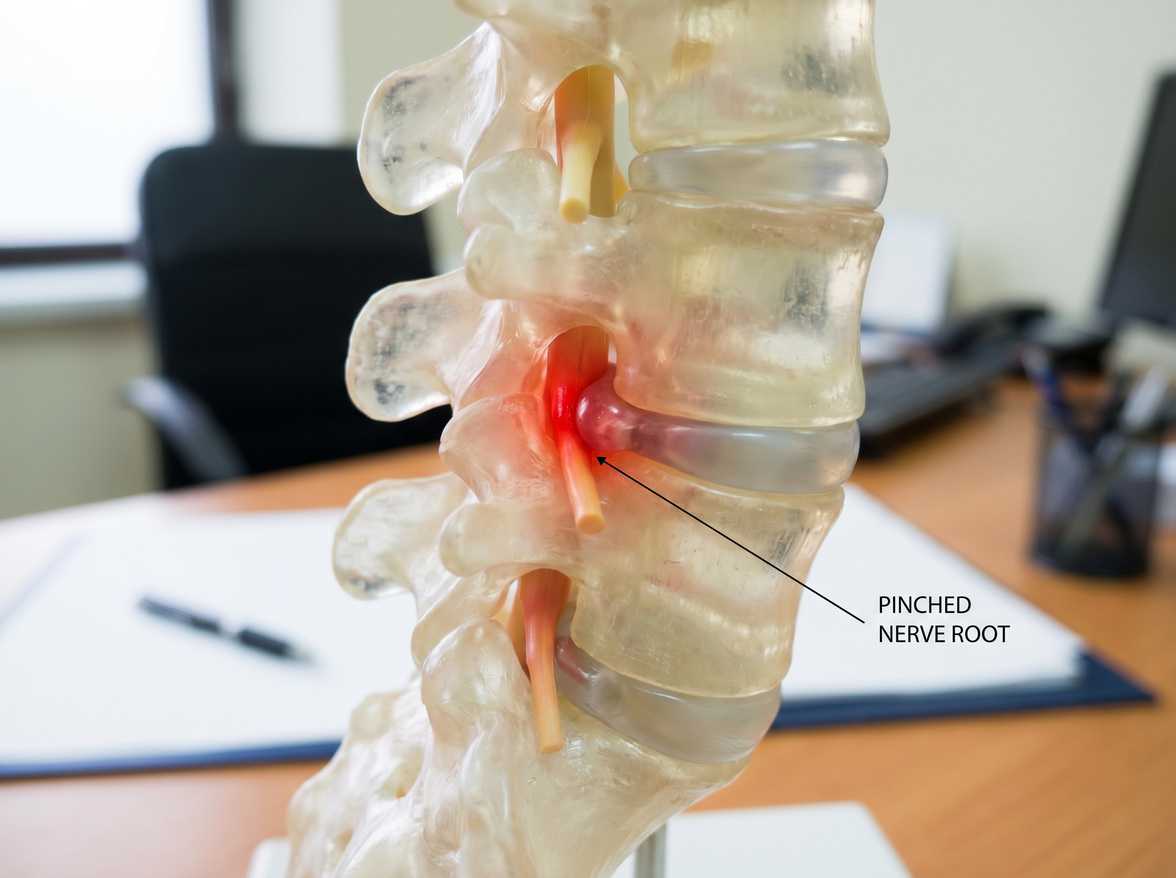 Illustration of a pinched nerve root in the cervical or lumbar spine