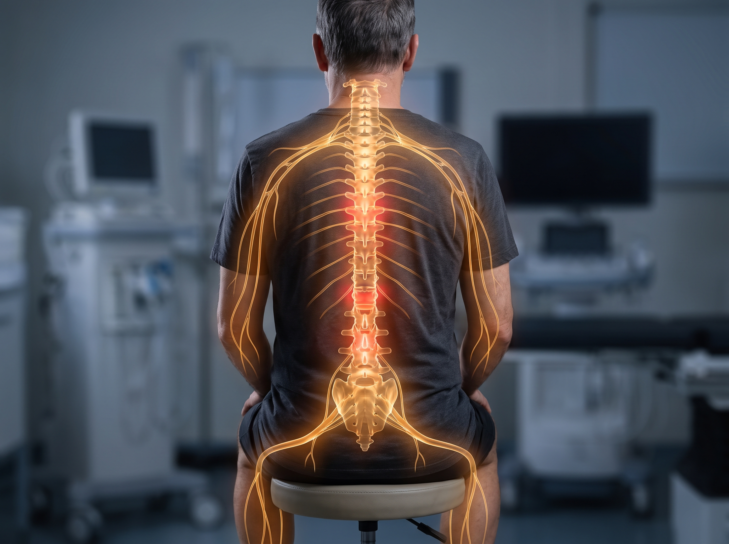 Person experiencing nerve pain in the back, arms, or legs from a disc-related condition