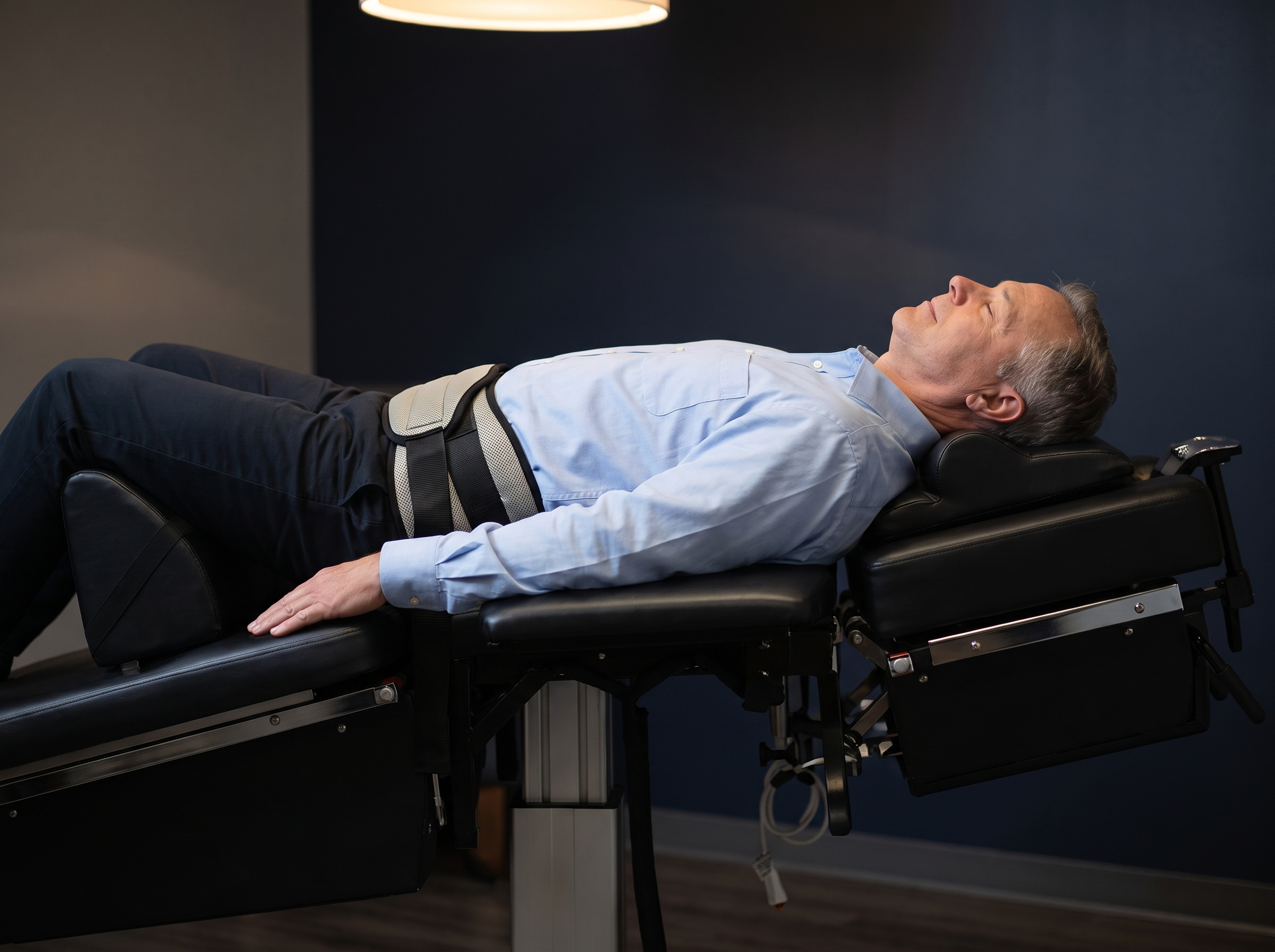 Patient receiving spinal decompression therapy for a disc-related condition
