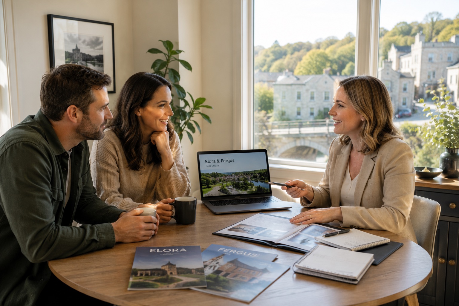 Couple meeting with a real estate agent to discuss buying a home in Elora and Fergus. Couple meeting with a real estate agent to discuss buying a home in Elora and Fergus.