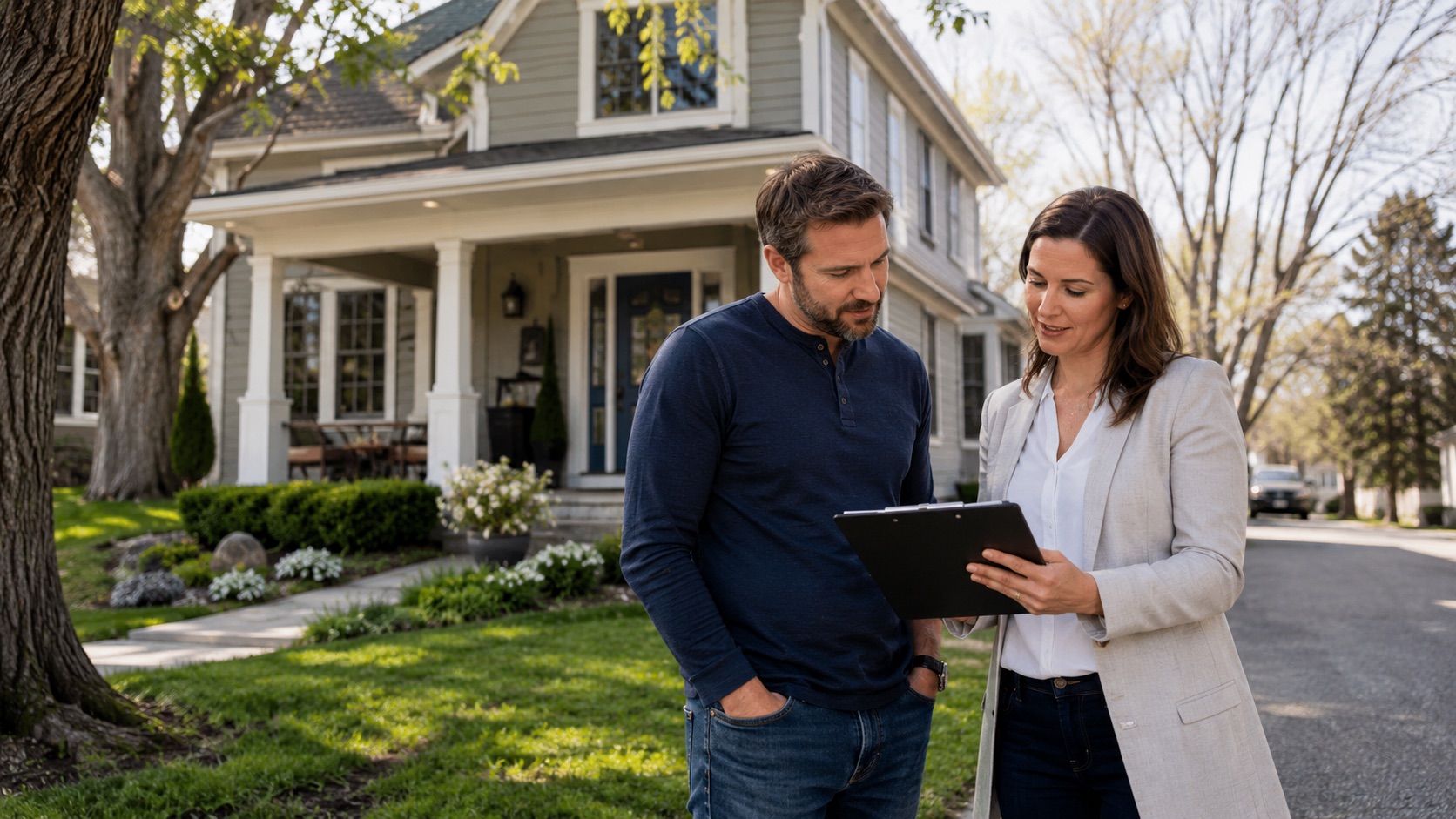 Real estate agent reviewing a home assessment with a homeowner outside a Centre Wellington home in spring. Real estate agent reviewing a home assessment with a homeowner outside a Centre Wellington home in spring.
