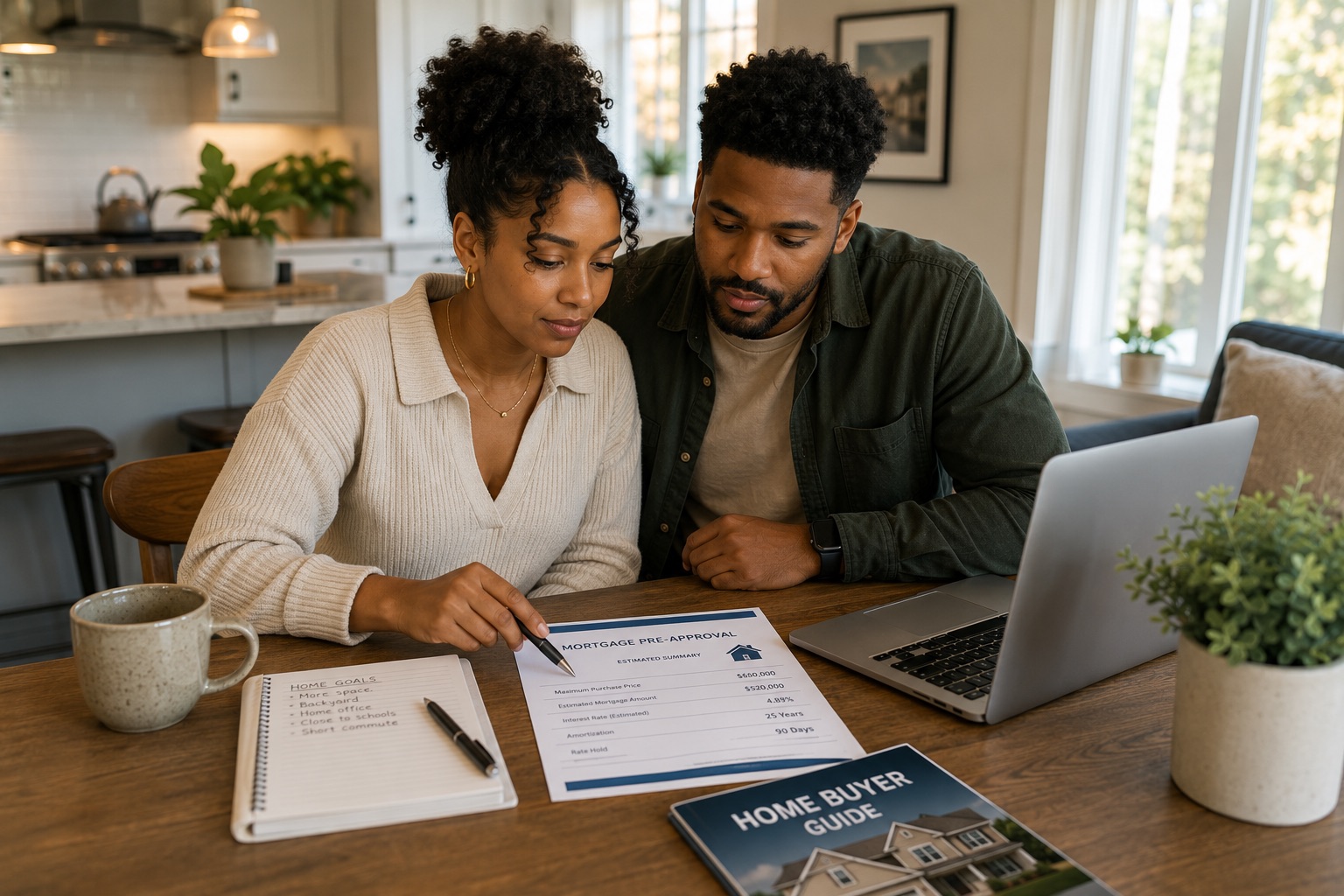 Couple reviewing a mortgage pre-approval summary and home buyer guide at their kitchen table.