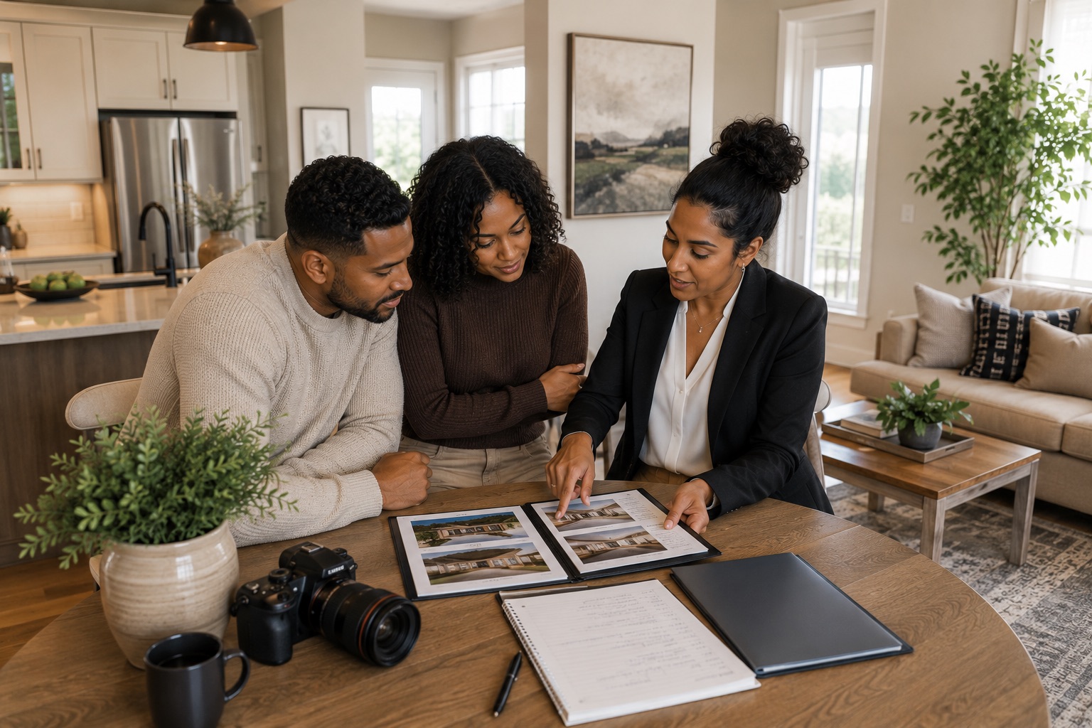 Agent reviewing professional listing photos with a couple while preparing their home for market. Agent reviewing professional listing photos with a couple while preparing their home for market.