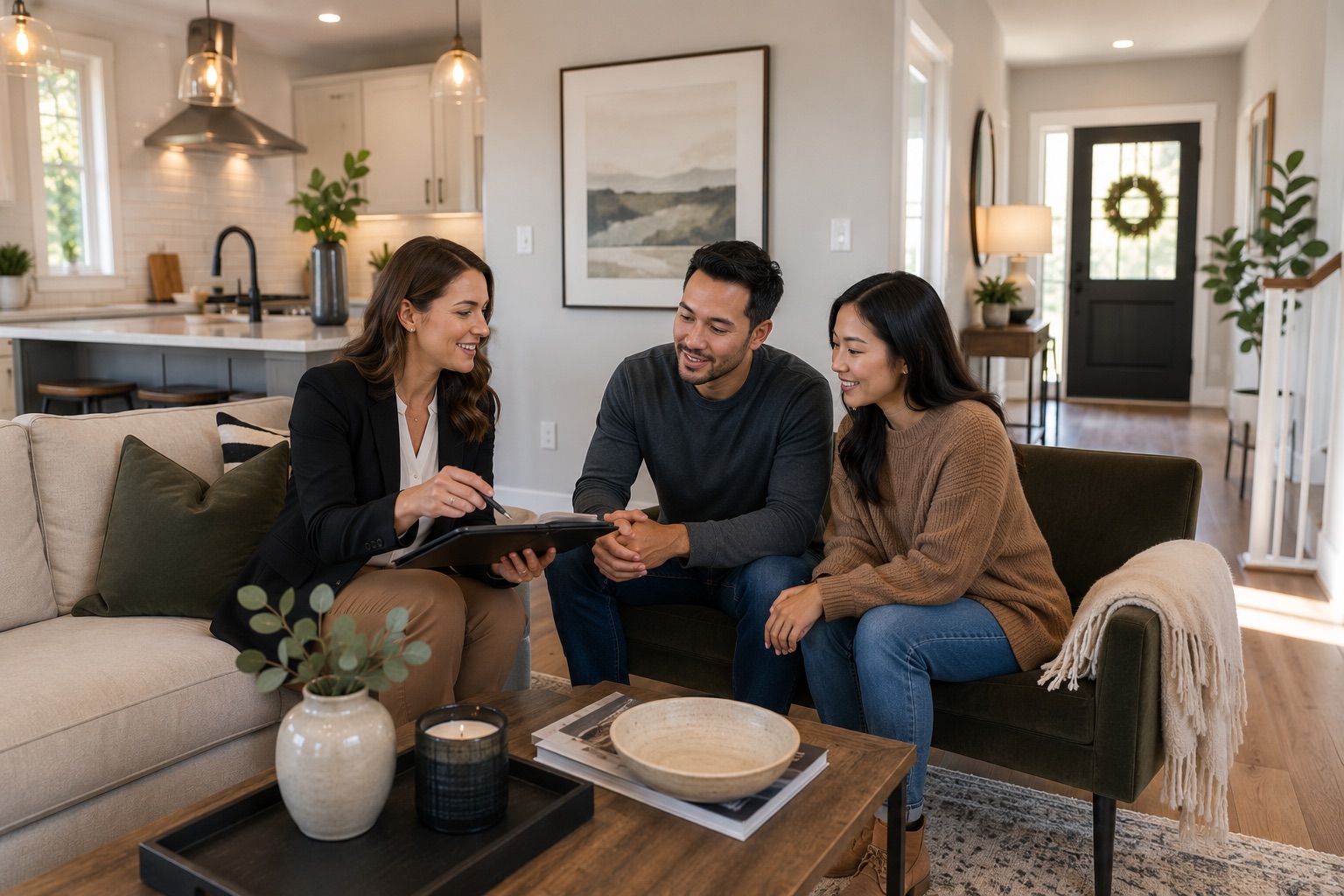 Couple using a calculator to budget home-buying costs beside a first-time home buyer guide. Couple using a calculator to budget home-buying costs beside a first-time home buyer guide.