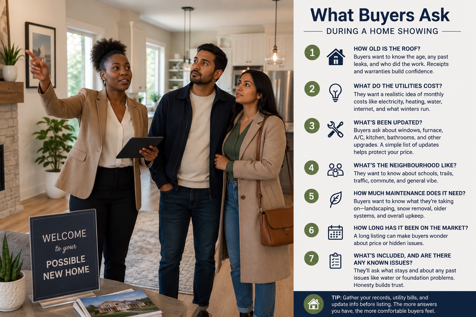 Infographic listing seven questions buyers commonly ask during a home showing.