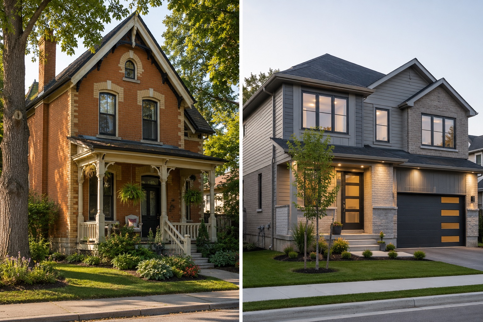 Side-by-side comparison of a historic brick home and a modern new build in Ontario.