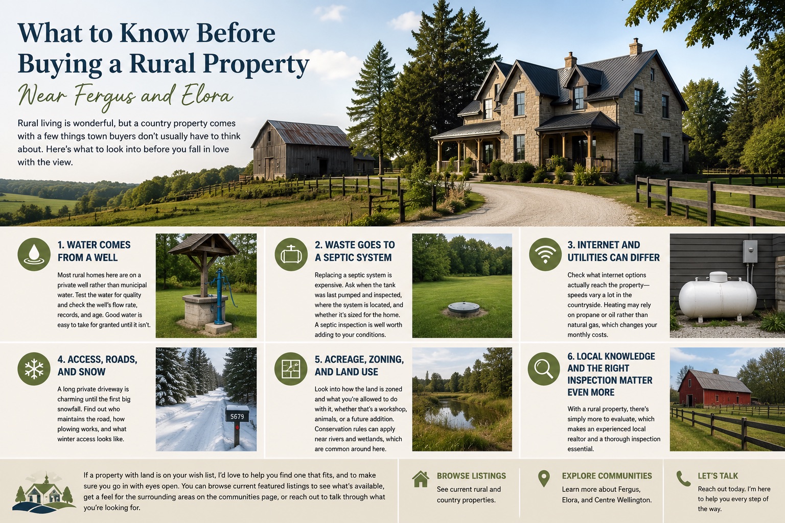 Infographic on buying a rural property near Fergus and Elora, covering wells, septic, and acreage. Infographic on buying a rural property near Fergus and Elora, covering wells, septic, and acreage.
