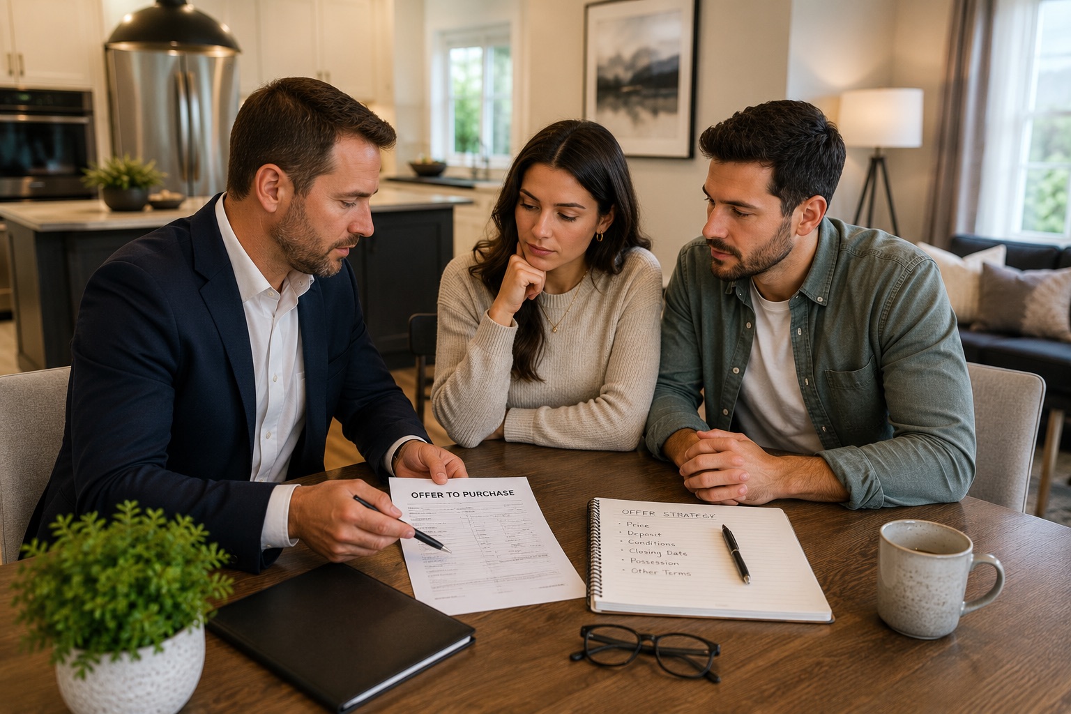 Real estate agent reviewing an offer to purchase and offer strategy with a couple. Real estate agent reviewing an offer to purchase and offer strategy with a couple.