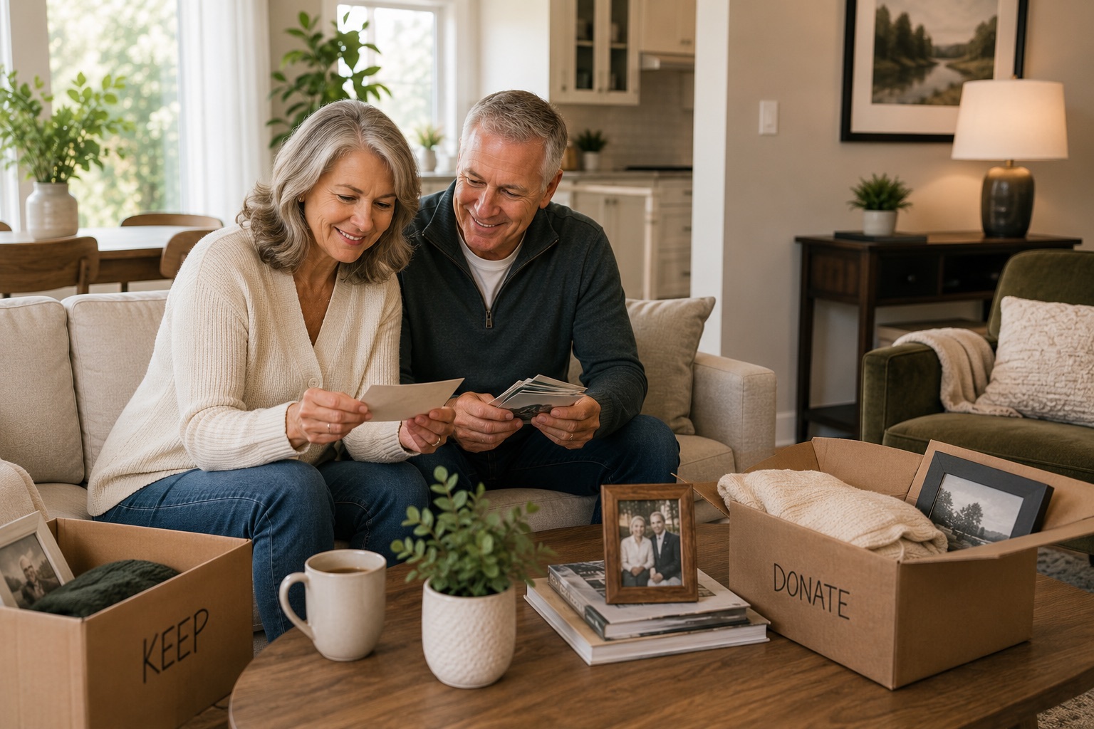 Older couple sorting keepsakes into keep and donate boxes while downsizing their home.