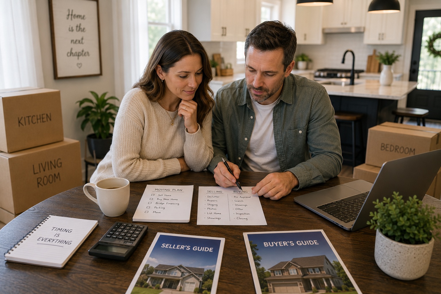 Couple planning how to buy and sell at the same time with moving checklists and packed boxes. Couple planning how to buy and sell at the same time with moving checklists and packed boxes.