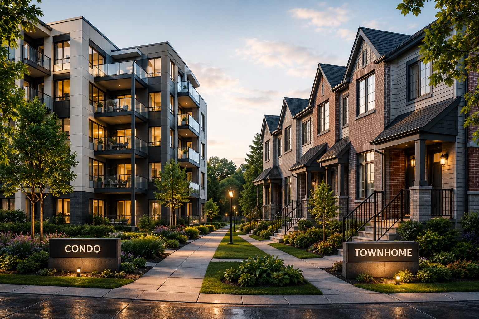 A modern condo building beside a row of townhomes, each labeled with a sign. A modern condo building beside a row of townhomes, each labeled with a sign.