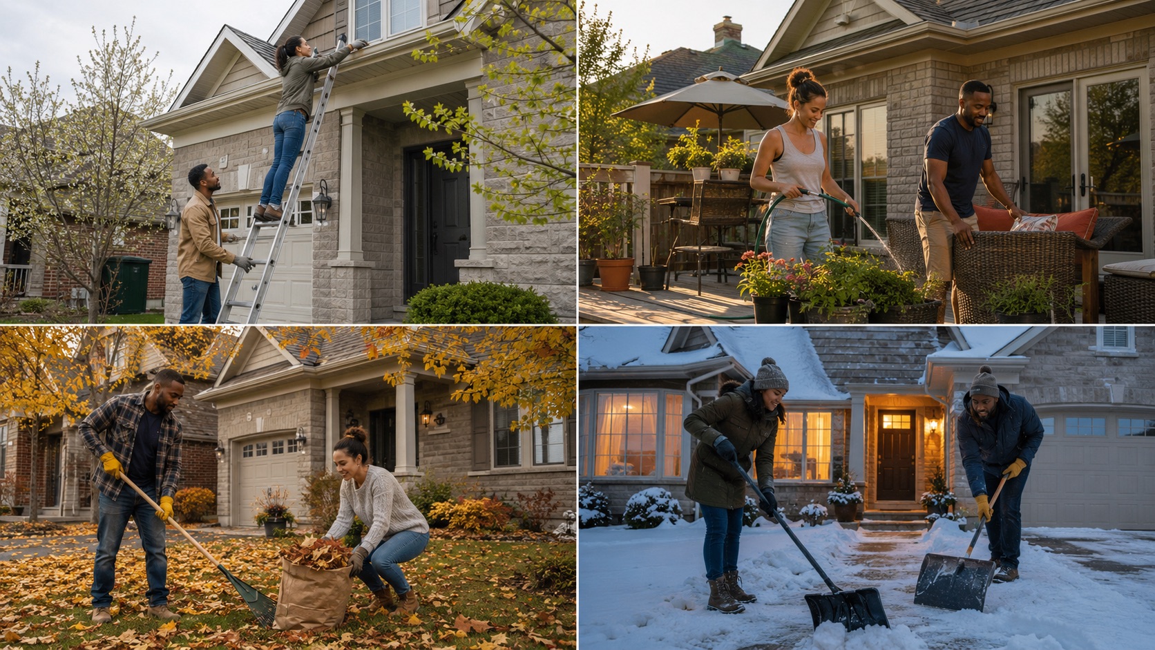 Four seasonal scenes of homeowners doing spring, summer, fall, and winter home maintenance. Four seasonal scenes of homeowners doing spring, summer, fall, and winter home maintenance.