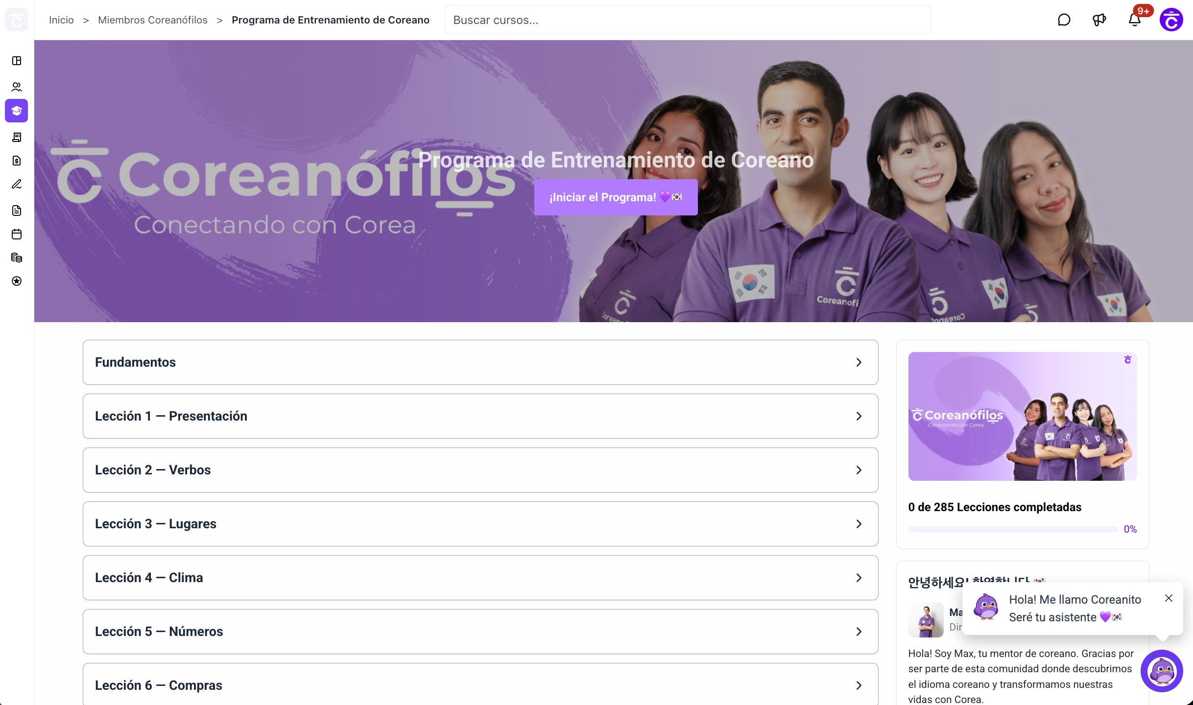 Programa de Entrenamiento de Coreano organizado por lecciones