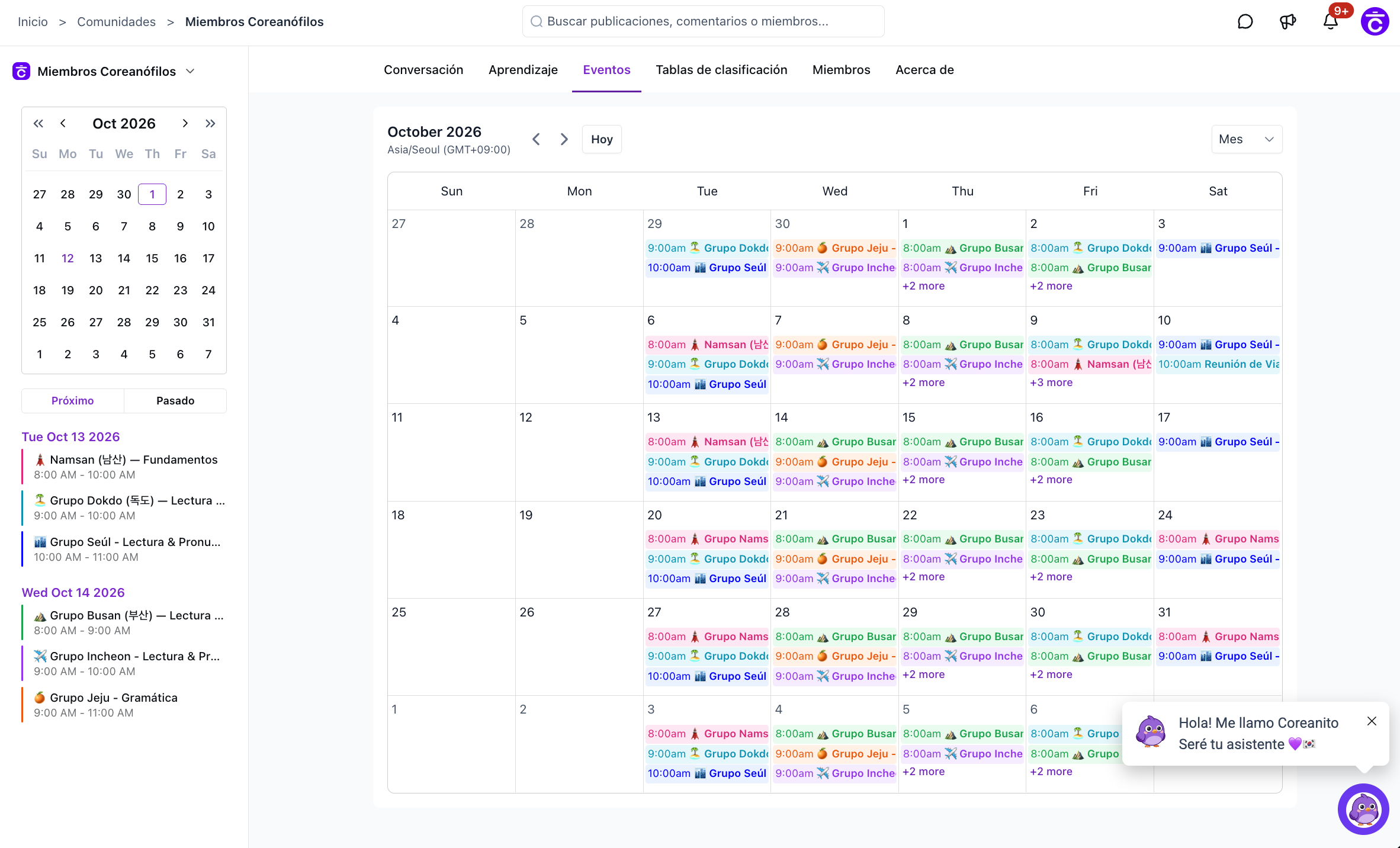 Calendario de clases en vivo de la comunidad Coreanófilos