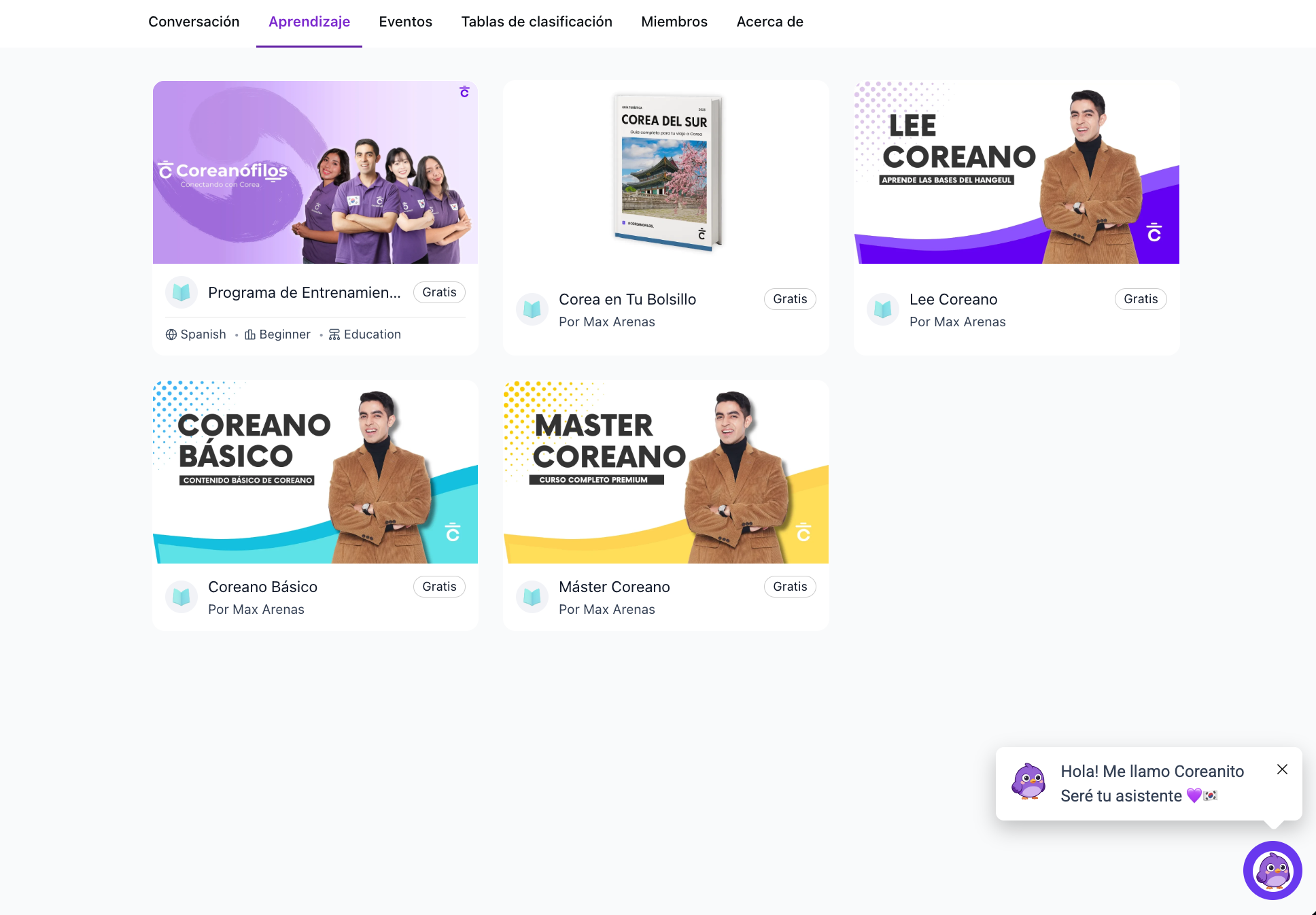 Cursos disponibles dentro de la comunidad Coreanófilos