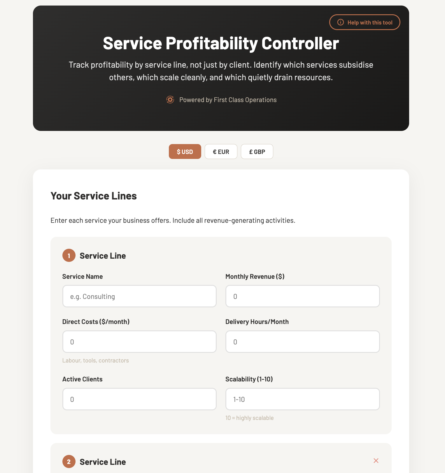 Service Profitability Controller input screen
