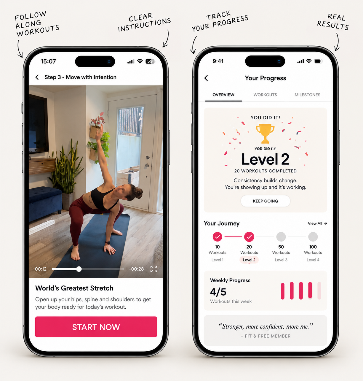 Fit & Free training app showing guided workouts and progress tracking