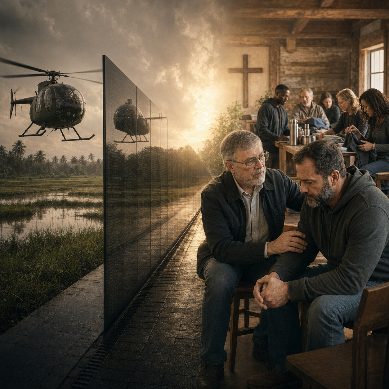 Vietnam-era helicopter, memorial wall, church cross, and people offering practical and personal support