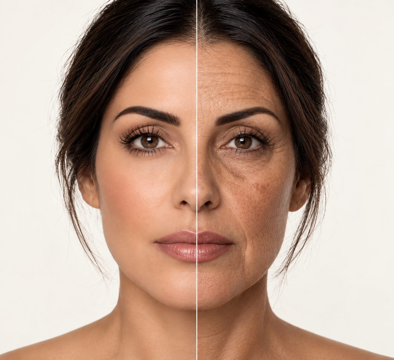 Split-face comparison showing healthy skin on the left and visible signs of aging on the right