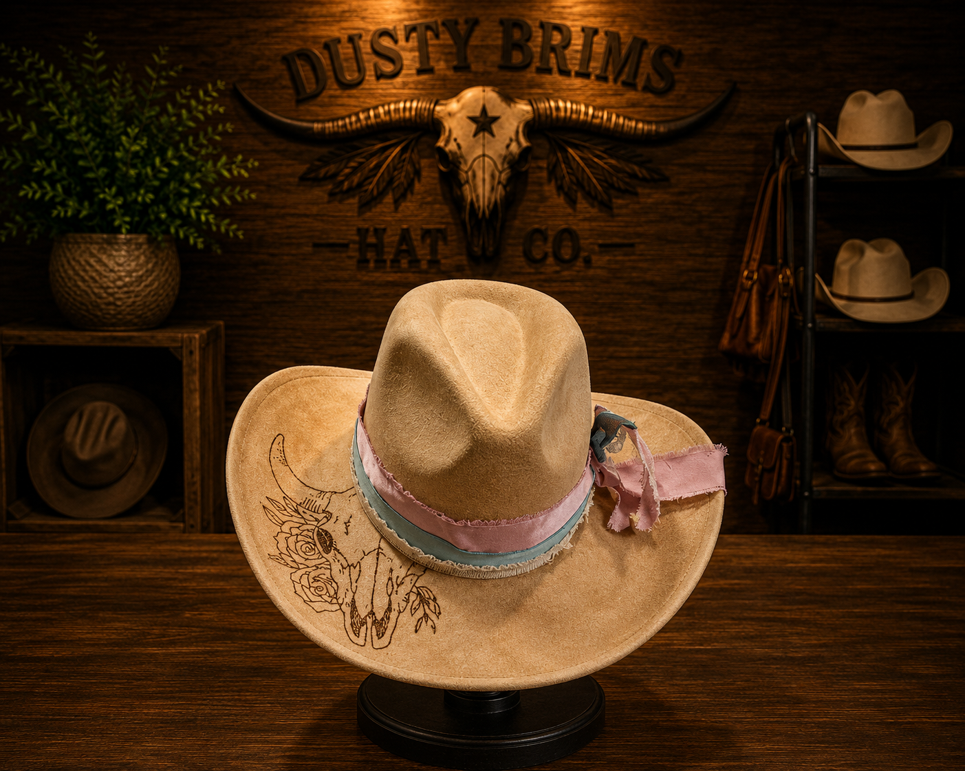 A hand-shaped Dusty Brims custom Western hat