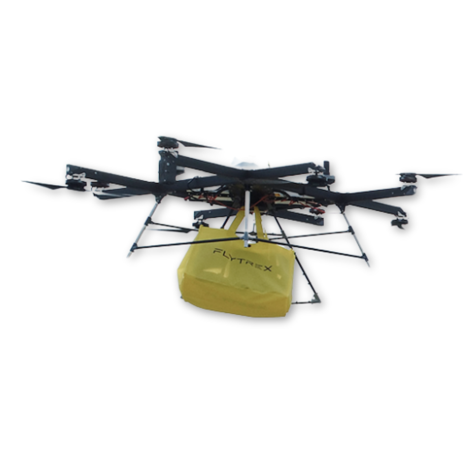 Flytrex delivery drone in flight carrying a yellow cargo box
