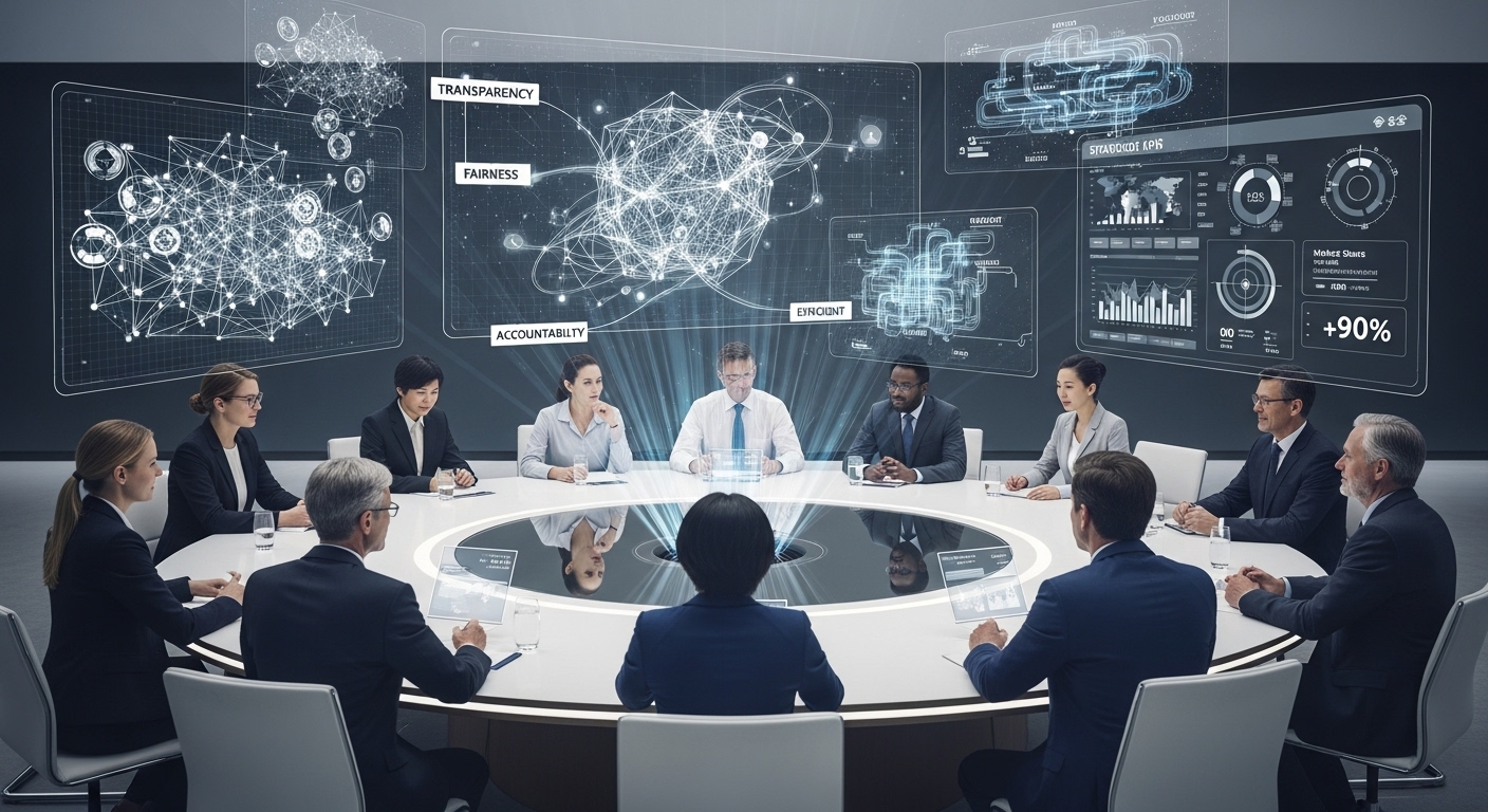 Business leaders reviewing AI governance frameworks and strategic KPIs in a digital transformation environment. Business leaders reviewing AI governance frameworks and strategic KPIs in a digital transformation environment.