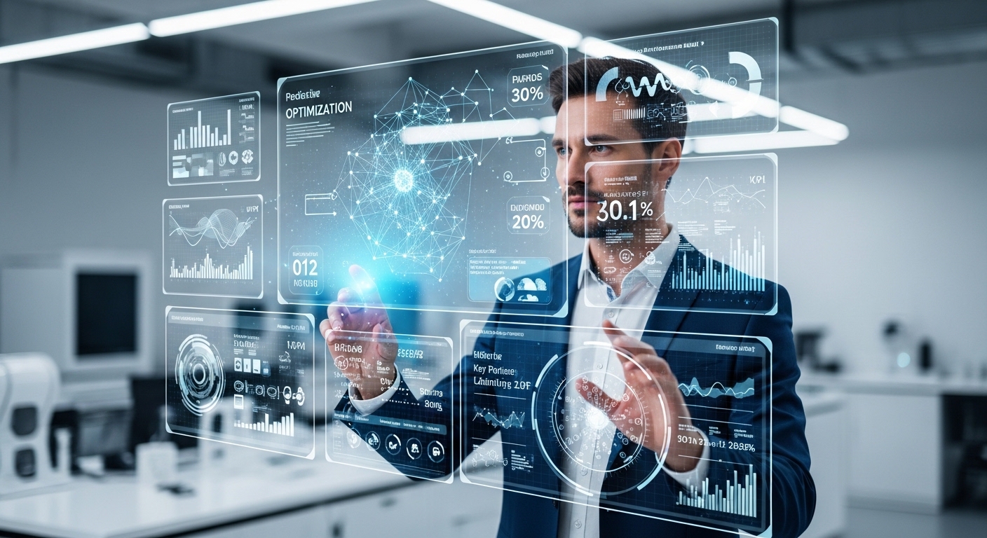 Business consultant analyzing AI-driven predictive KPI models and optimization dashboards.