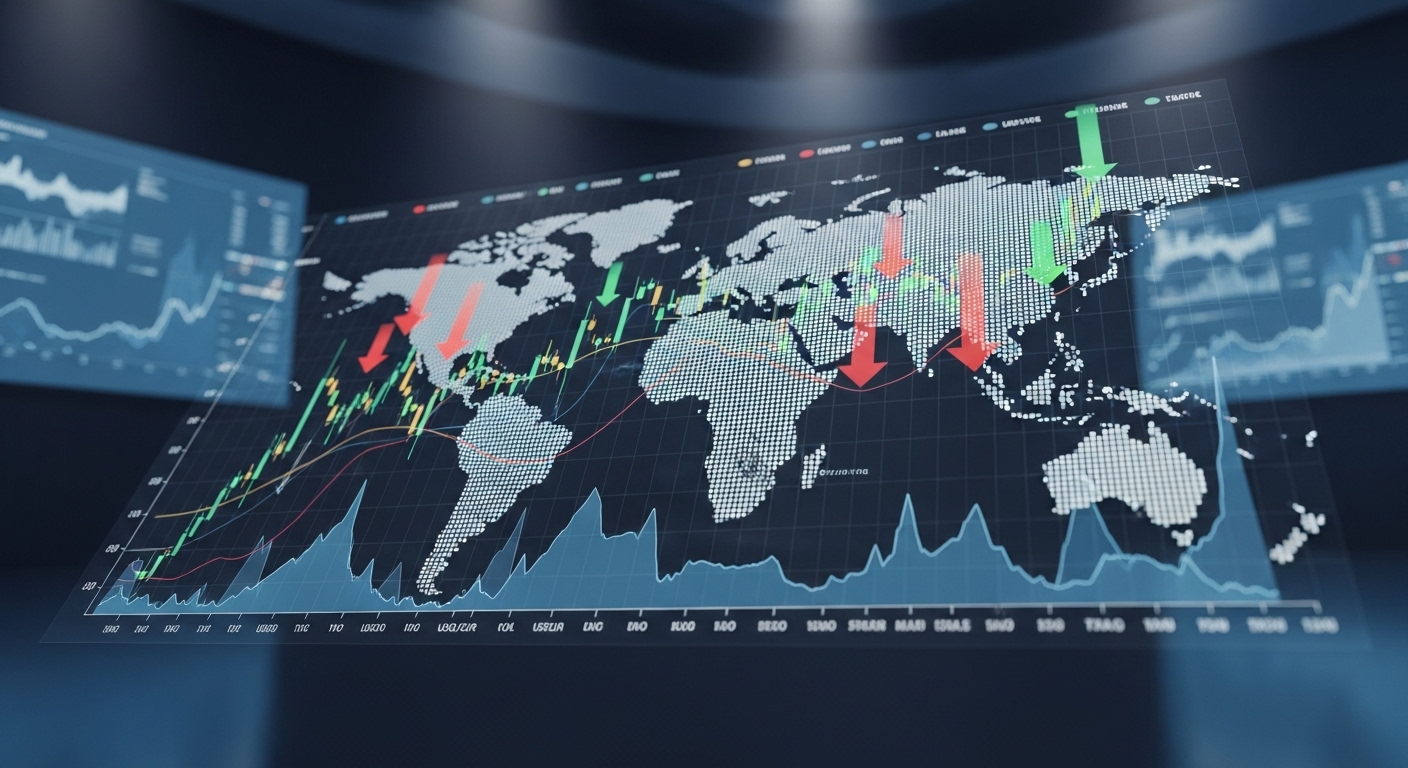 Global economic dashboard showing cooling inflation trends with financial charts and commodity price indicators.