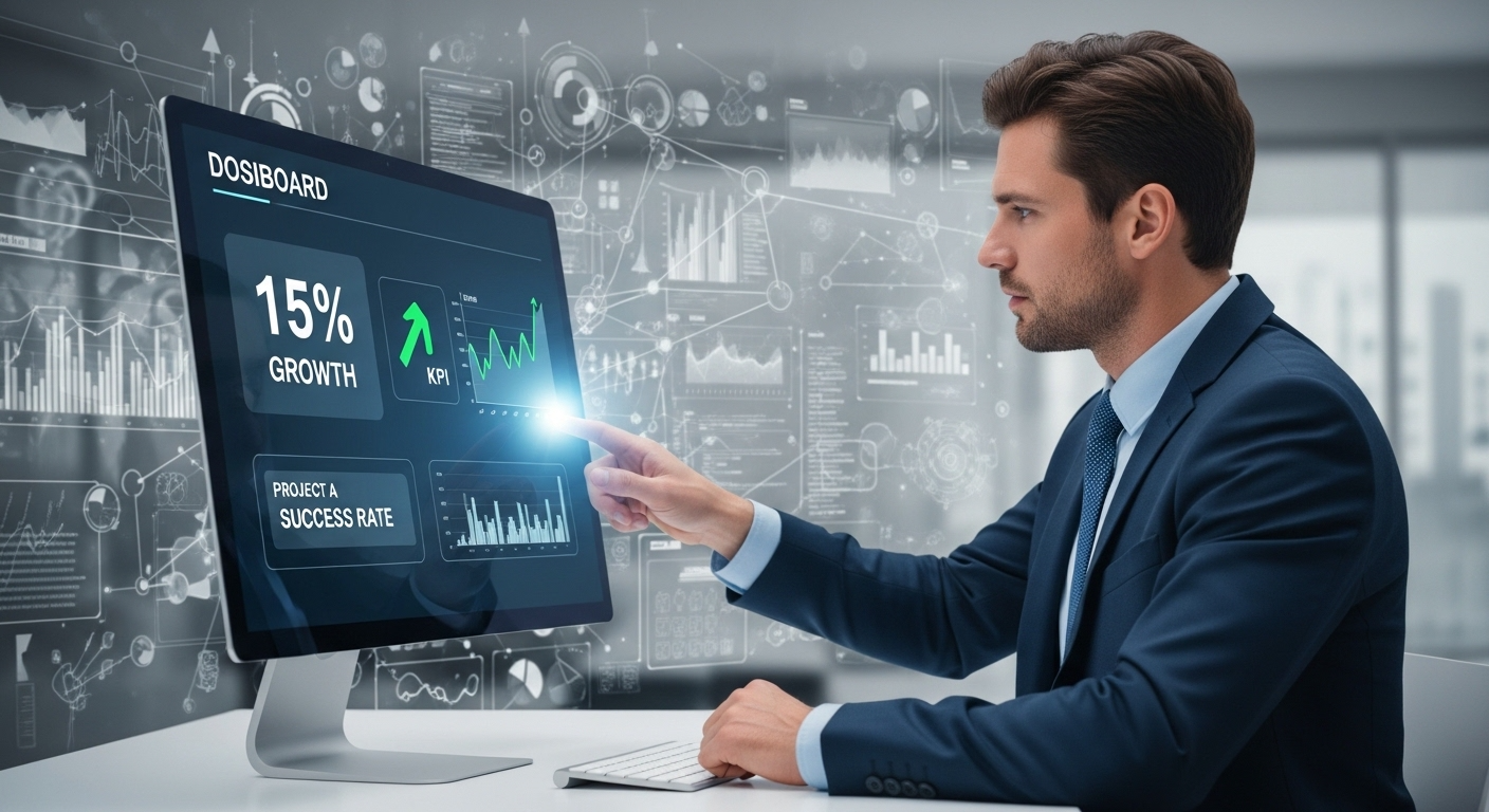 Executive overwhelmed by multiple analytics dashboards illustrating data overload and decision paralysis in business.