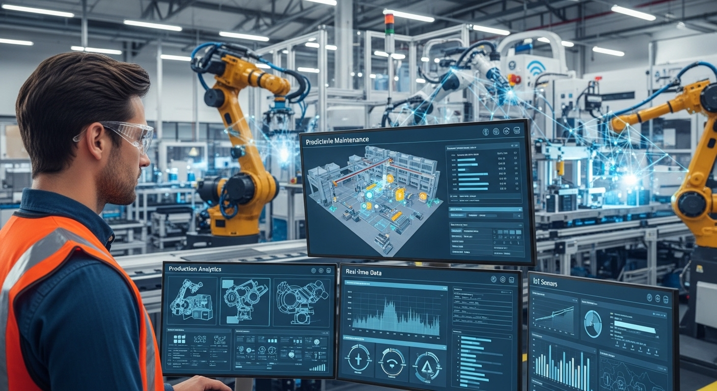 Engineer monitoring AI-driven industrial automation systems and robotic manufacturing production line.
