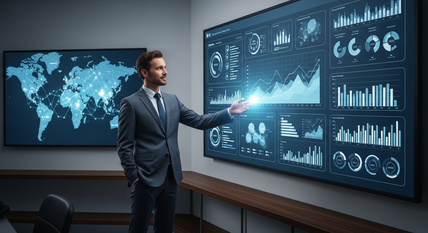 Business consultant analyzing strategic planning dashboards and market growth data.